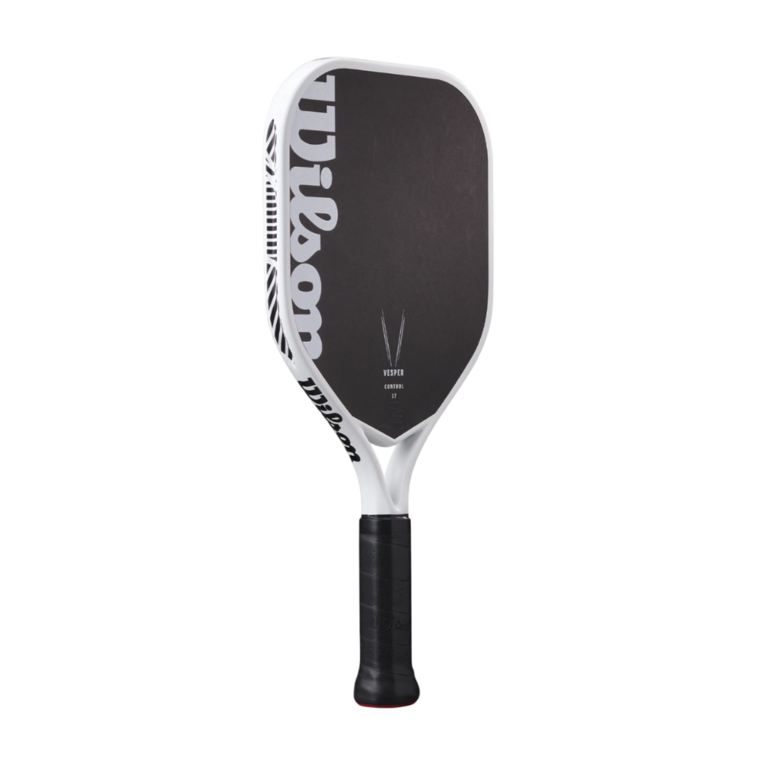 Wilson Vesper Control 17 pickleball paddle, black raw carbon face, white frame, and black grip.