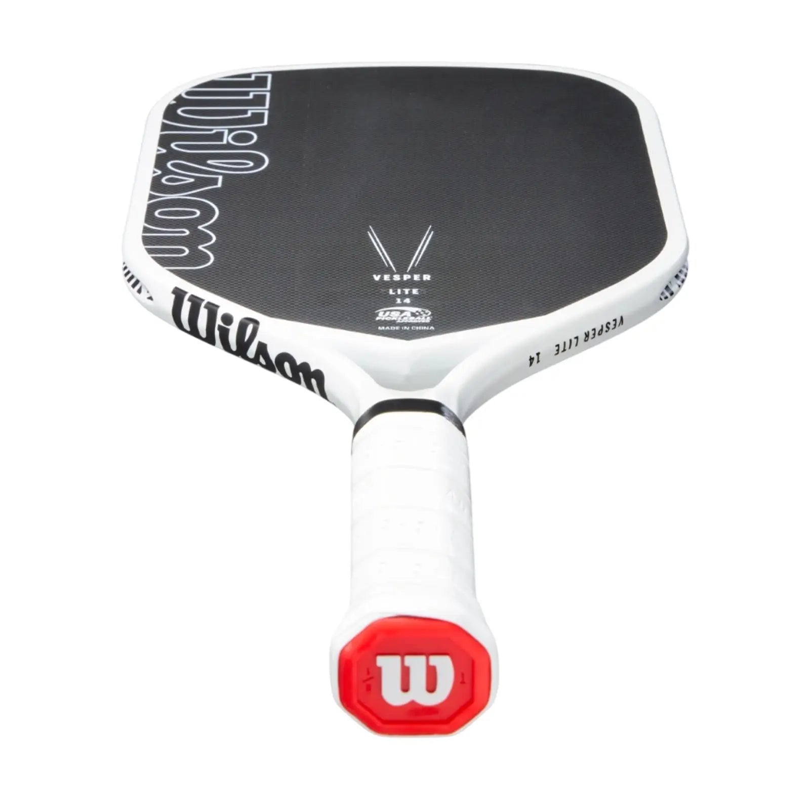 White Wilson Vesper Lite pickleball paddle with black woven carbon face and red handle cap.