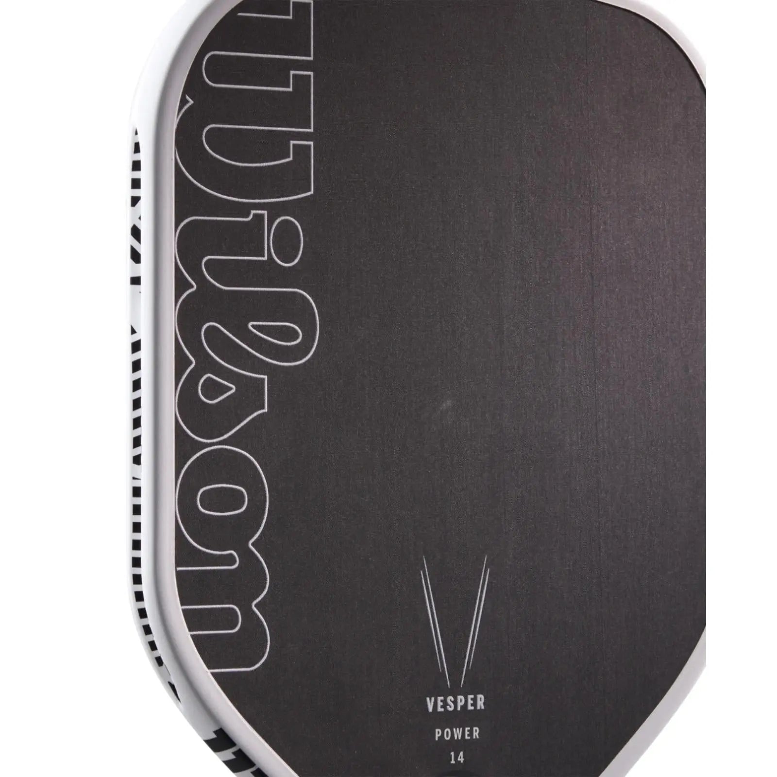 Black Wilson Vesper Power 14 pickleball paddle with white trim and logo, showing raw carbon fiber face.