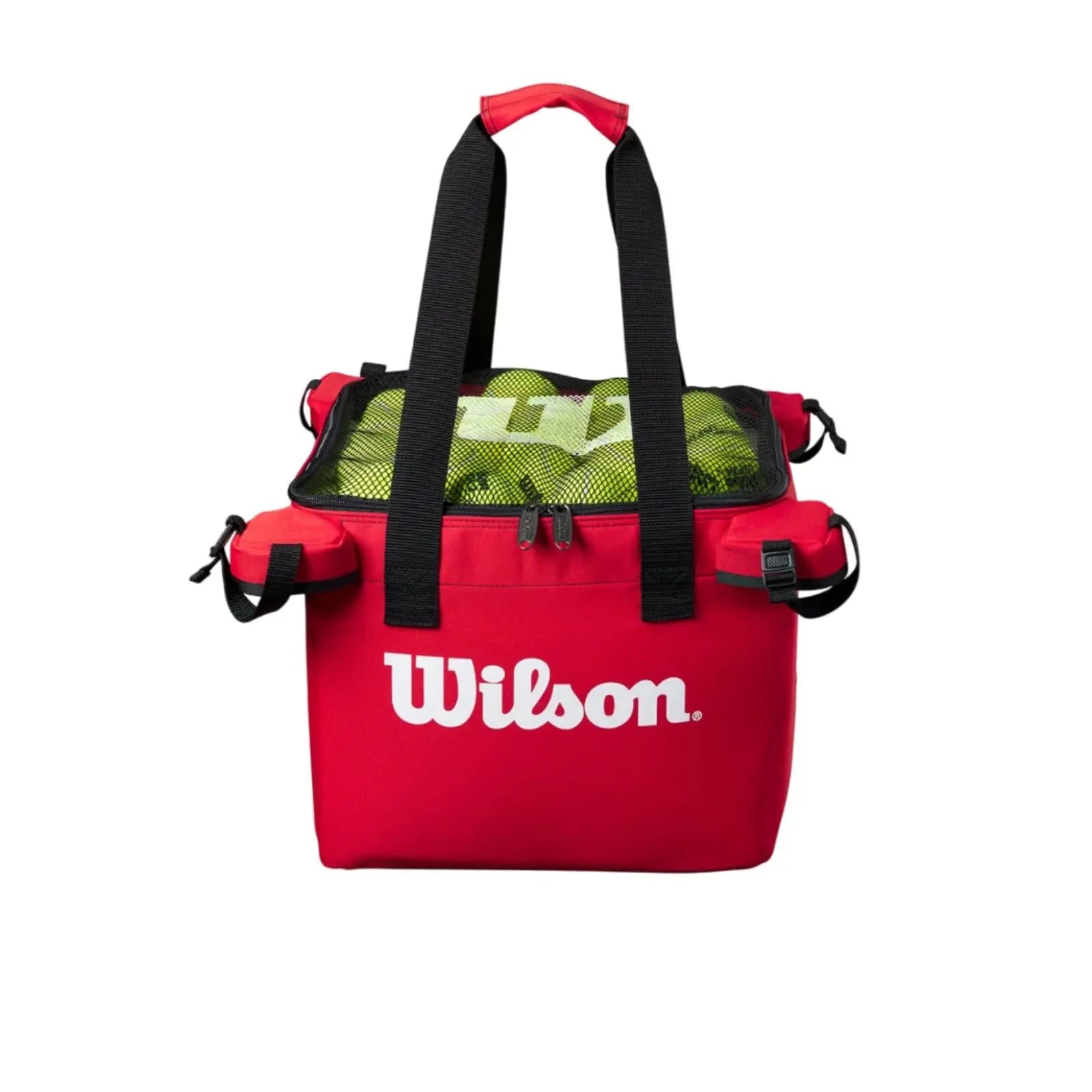Wilson Teaching Cart Red Bag, a durable red storage bag with a zippered top, filled with tennis balls.