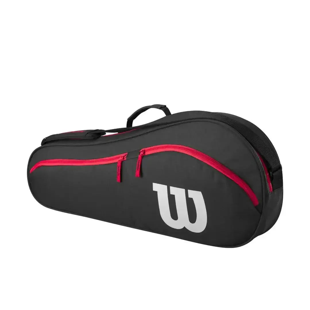Black Wilson Advantage tennis bag with red zippers, white logo, and carry handle.