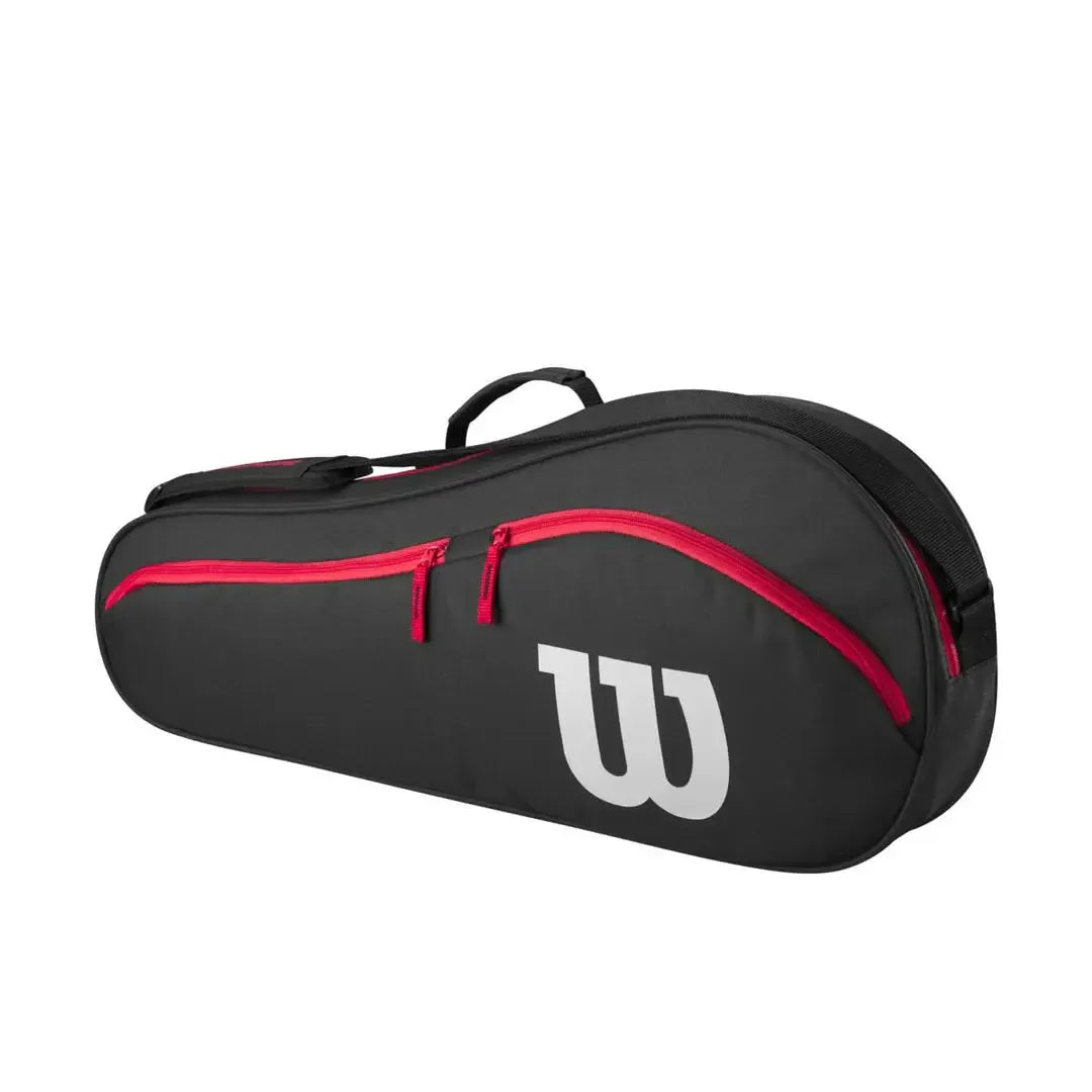 Black Wilson Advantage tennis bag with red zippers, white logo, and carry handle.