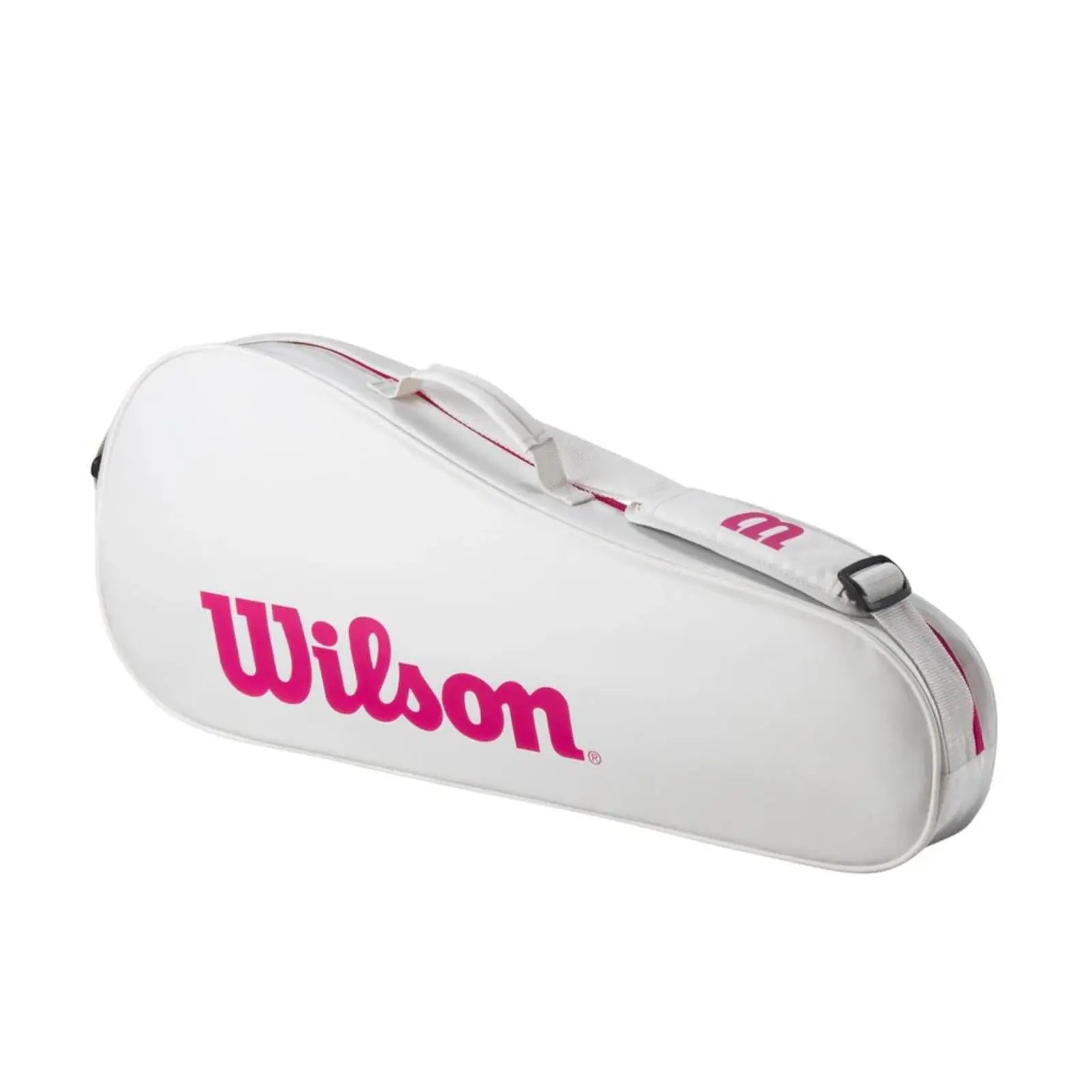 White Wilson Advantage tennis bag with pink logo, handle, and trim, designed for 3 racquets.