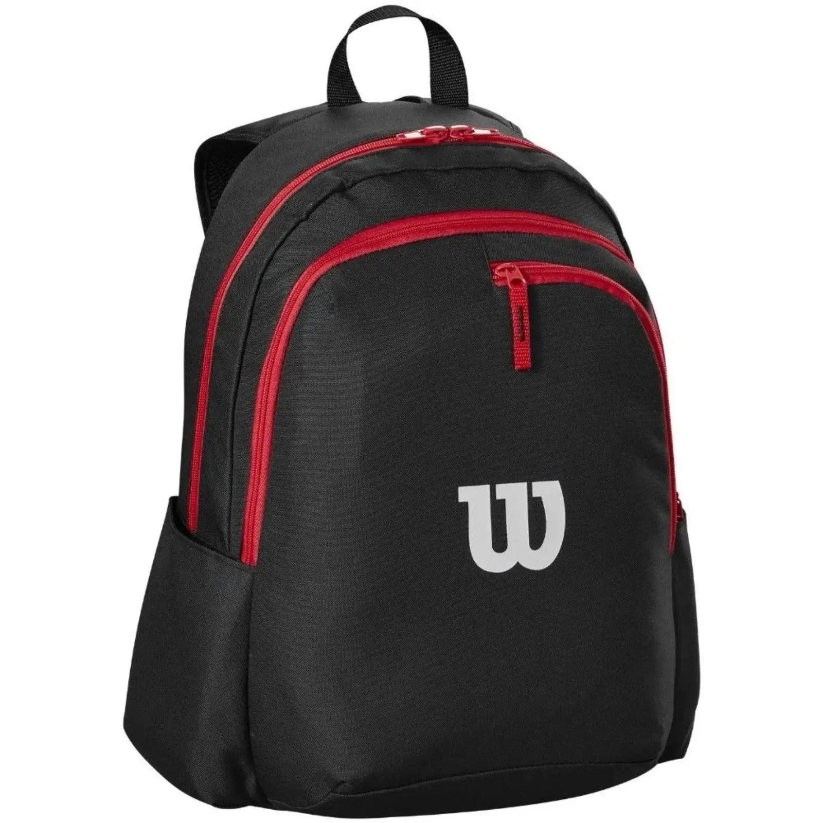 Black Wilson Advantage tennis backpack with red zippers and white logo.