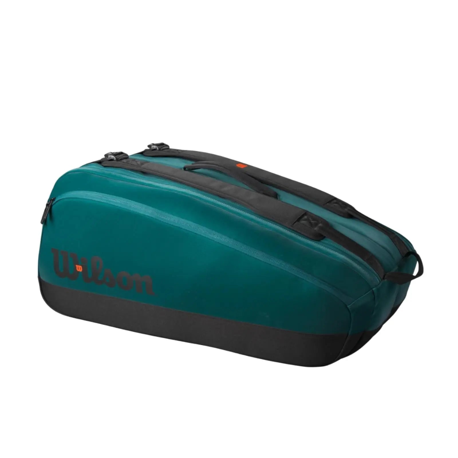 Wilson Blade Super Tour 9 Racquets V9 tennis bag in emerald green and black, with padded straps.