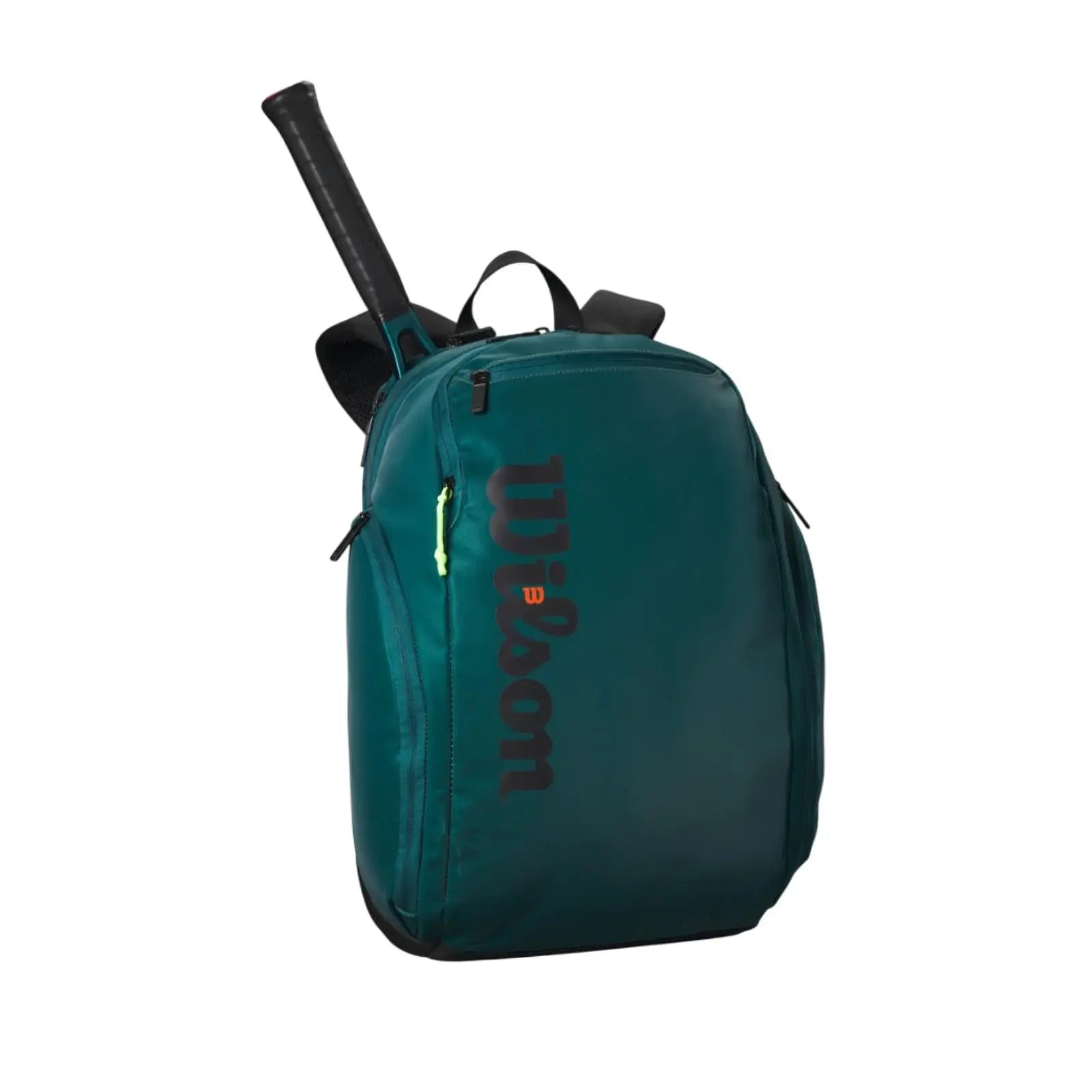 Wilson Blade Super Tour Backpack V9 in sleek green with a tennis racket handle visible.