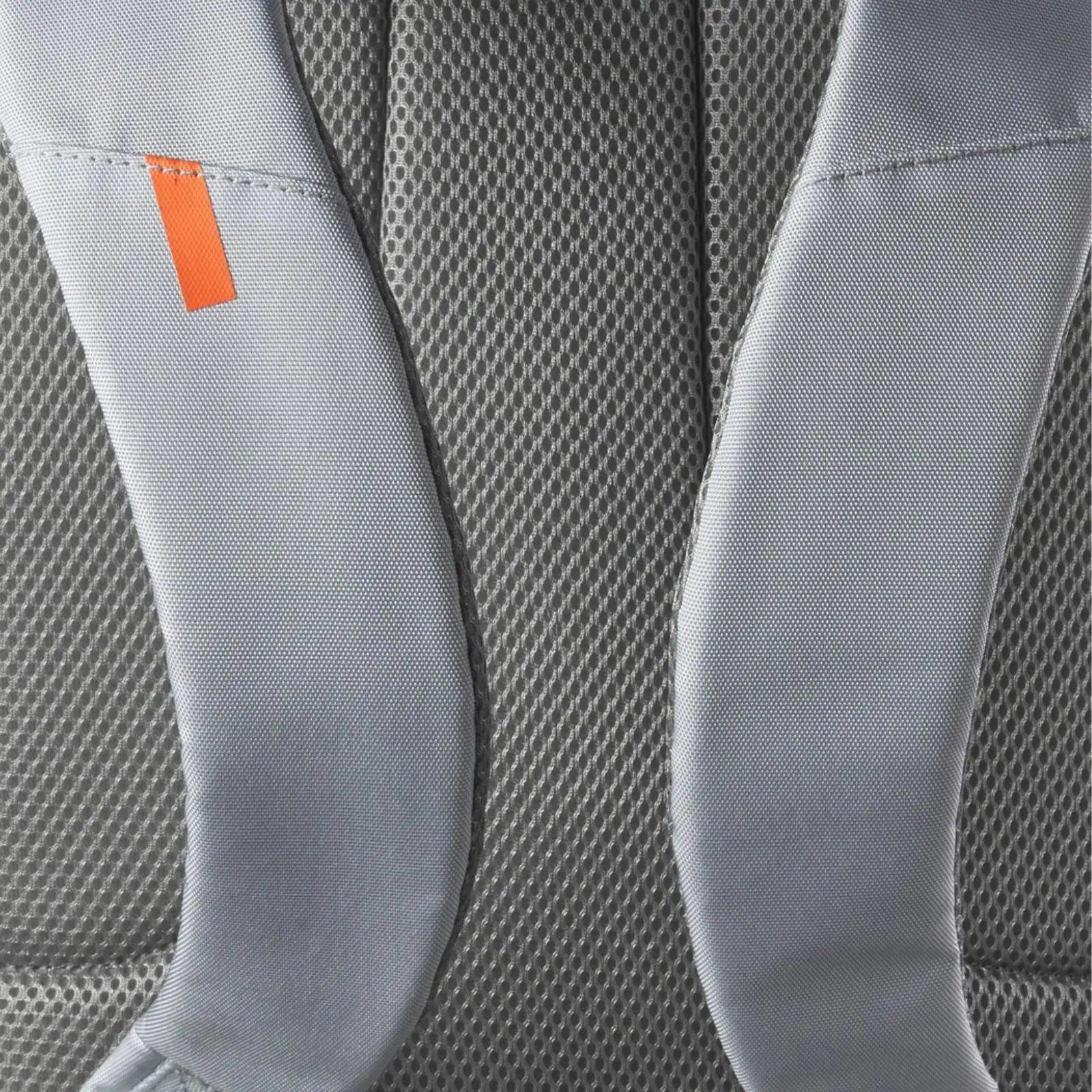 Close-up of the Wilson Shift Super Tour Backpack's padded gray mesh back panel and shoulder straps with an orange tag.