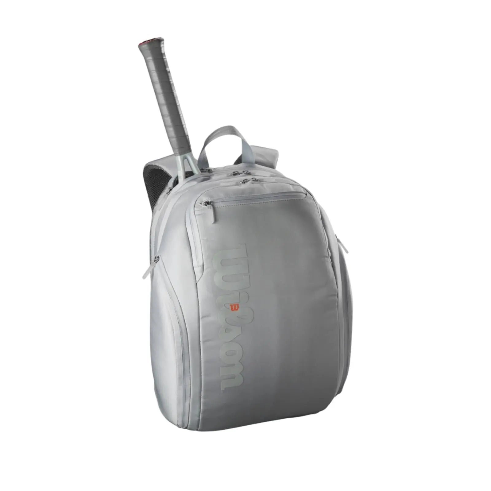 Wilson Shift Super Tour Backpack in white with a tennis racket handle visible.