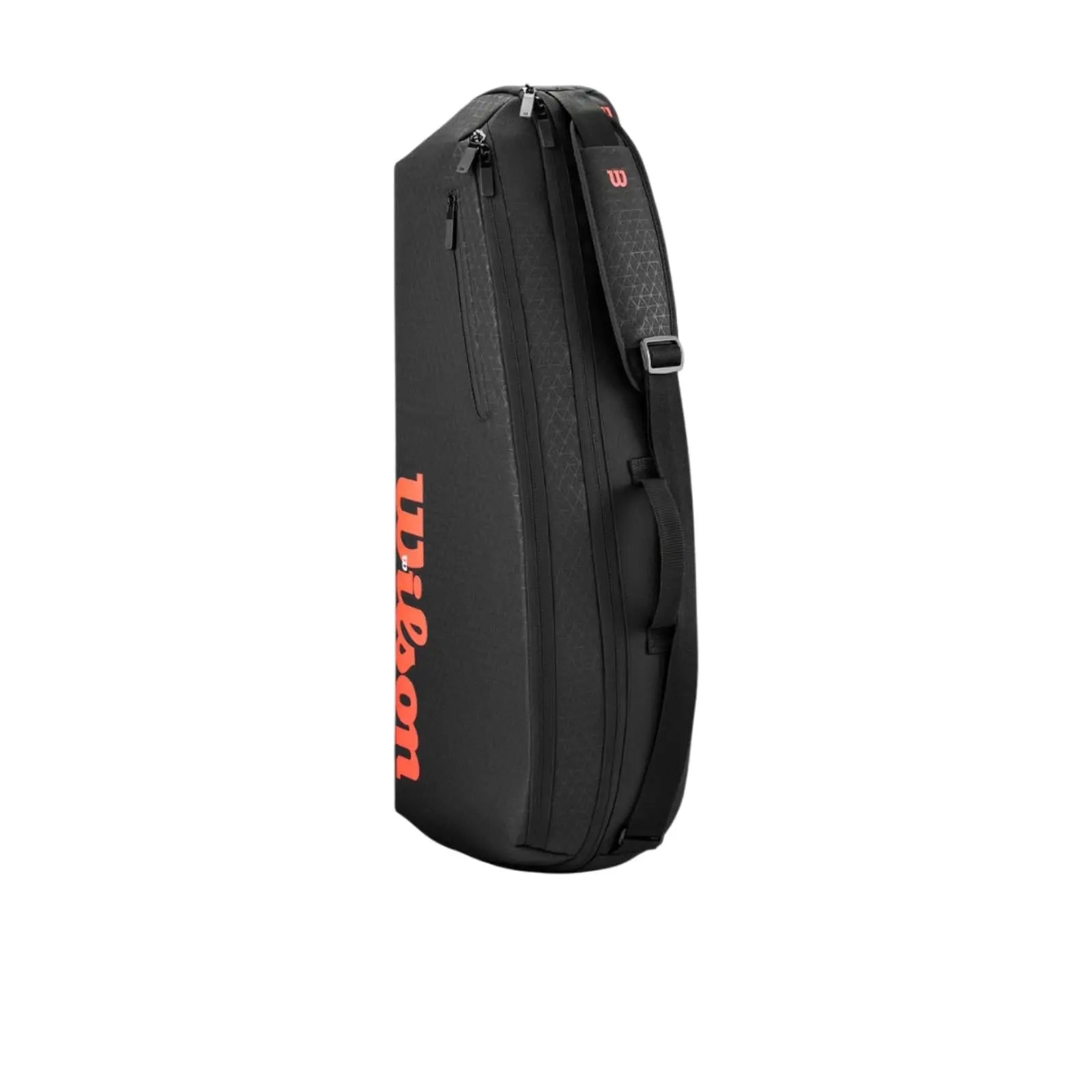 Black Wilson Super Tour Clash v3 3 Racquet tennis bag with orange logo and subtle triangle pattern.