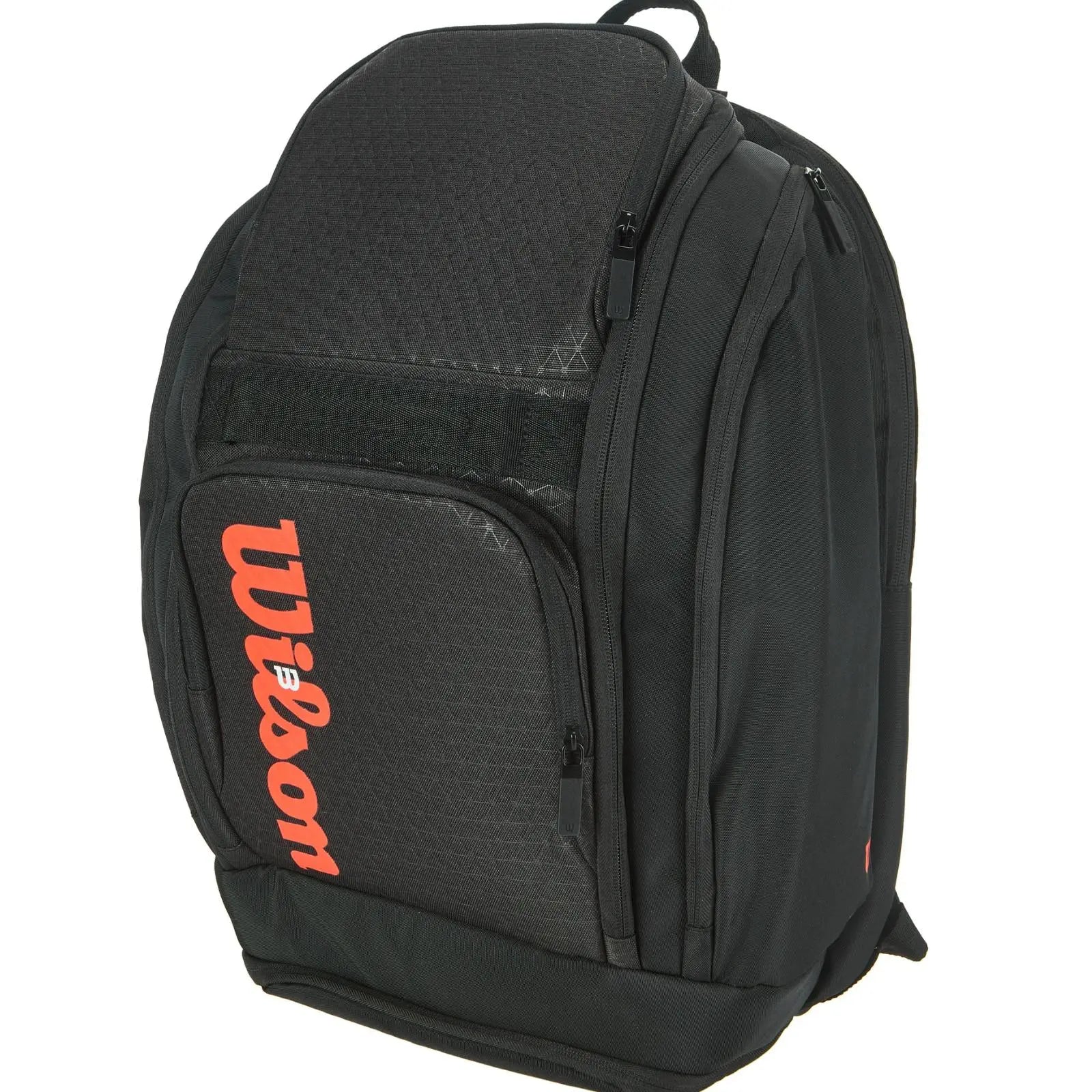 Black Wilson Super Tour Clash v3 tennis backpack with red logo and textured panels.