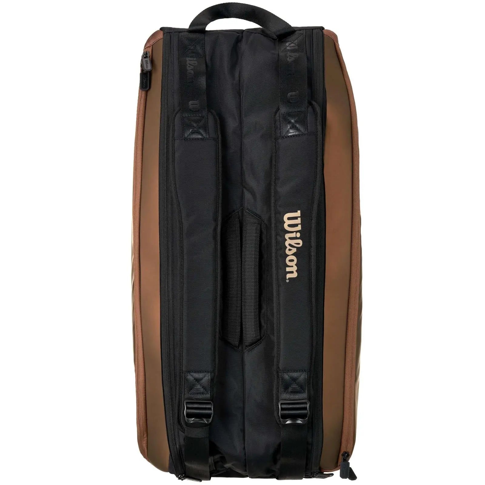 Wilson Super Tour PRO Staff 9 Racquet Tennis Bag in gold and black with padded straps.