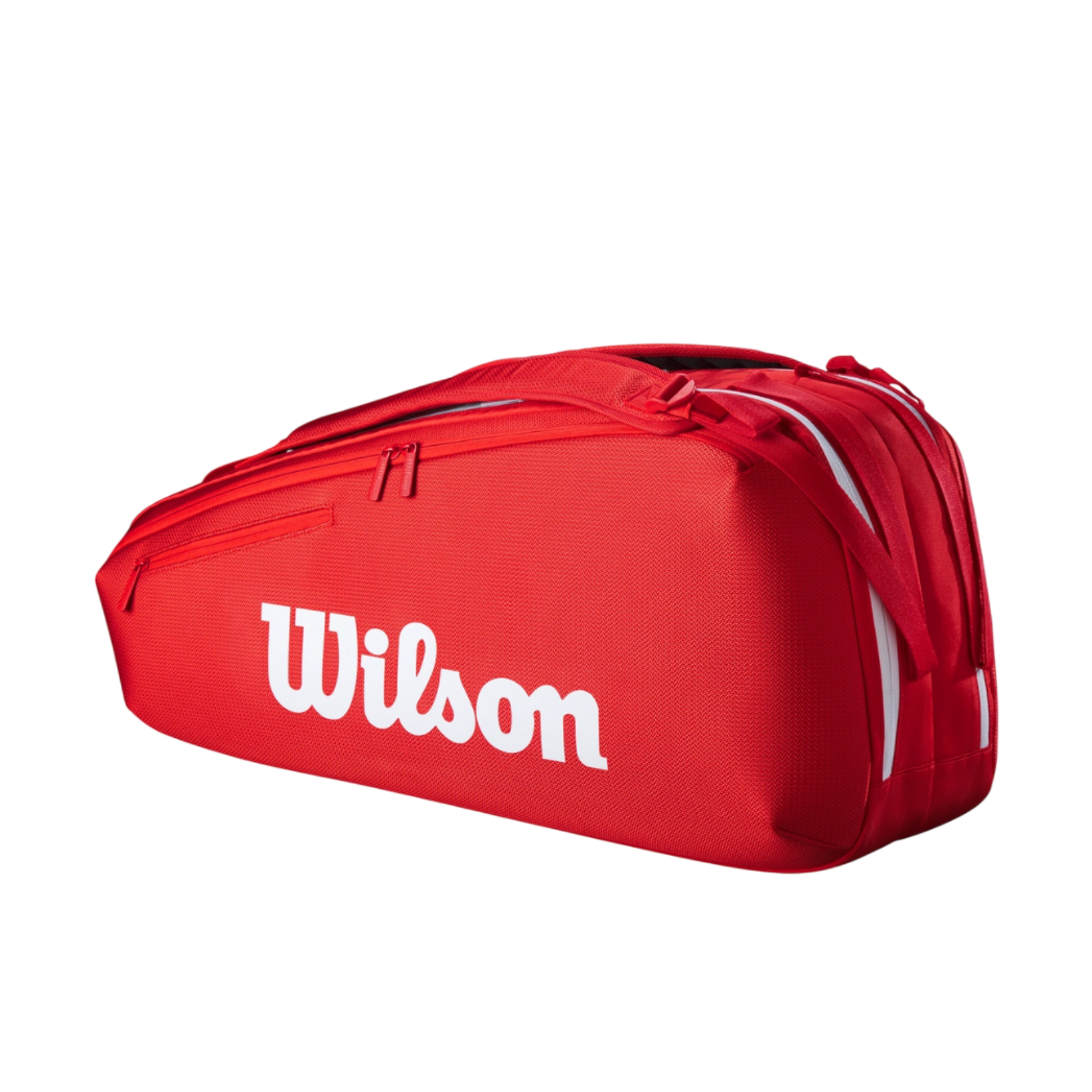 Wilson Super Tour red tennis bag for 6 racquets with white logo and dual-carry system.