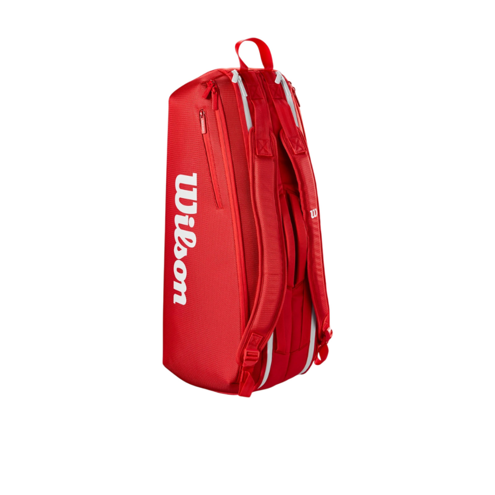 Wilson Super Tour red tennis bag for 6 racquets with white logo, dual straps, and accessory pockets.