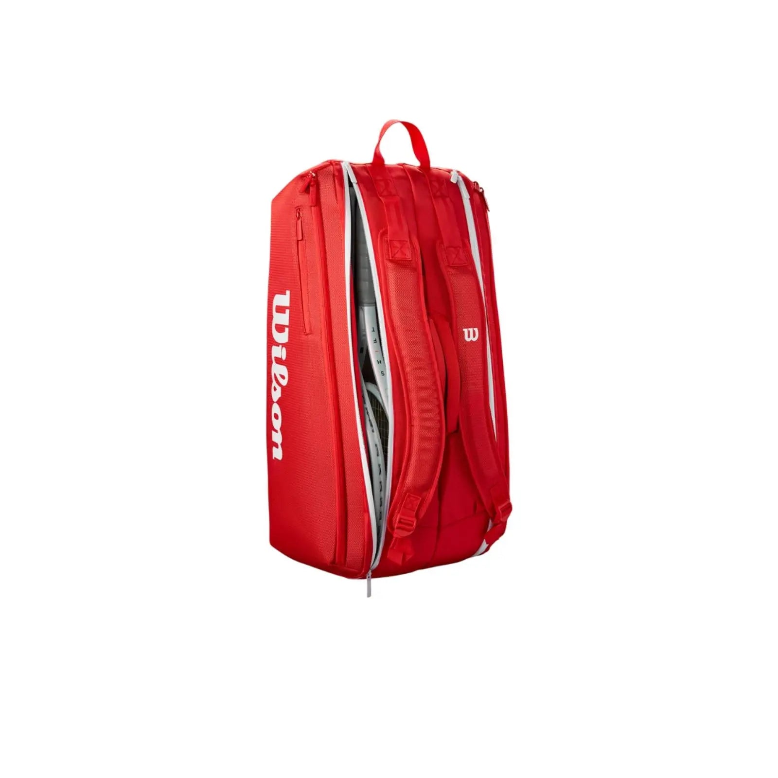 Red Wilson Super Tour tennis bag with white logos, padded backpack straps, and a partially unzipped main compartment.