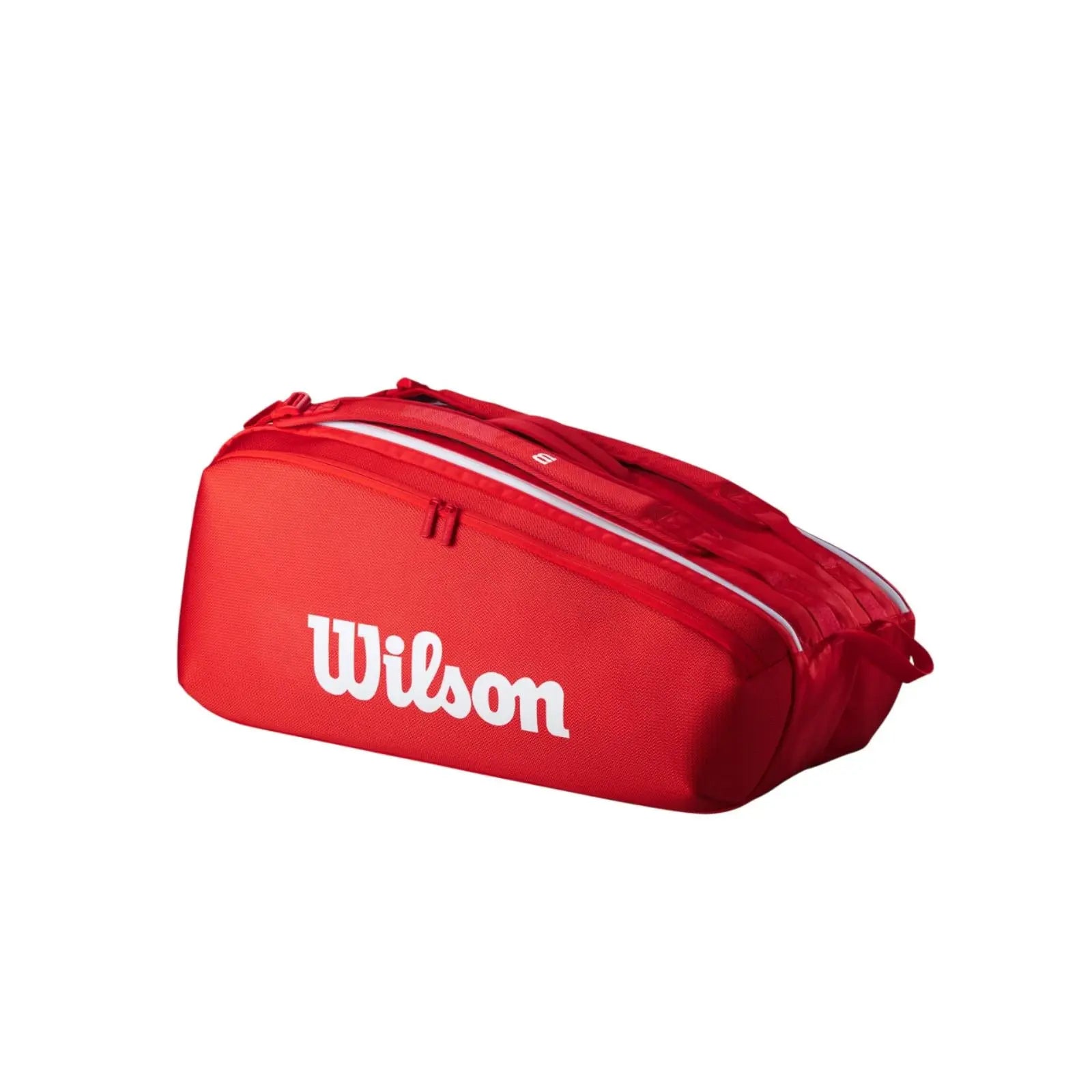Red Wilson Super Tour tennis bag for 9 racquets, featuring white logo, zippers, and stripe accents.