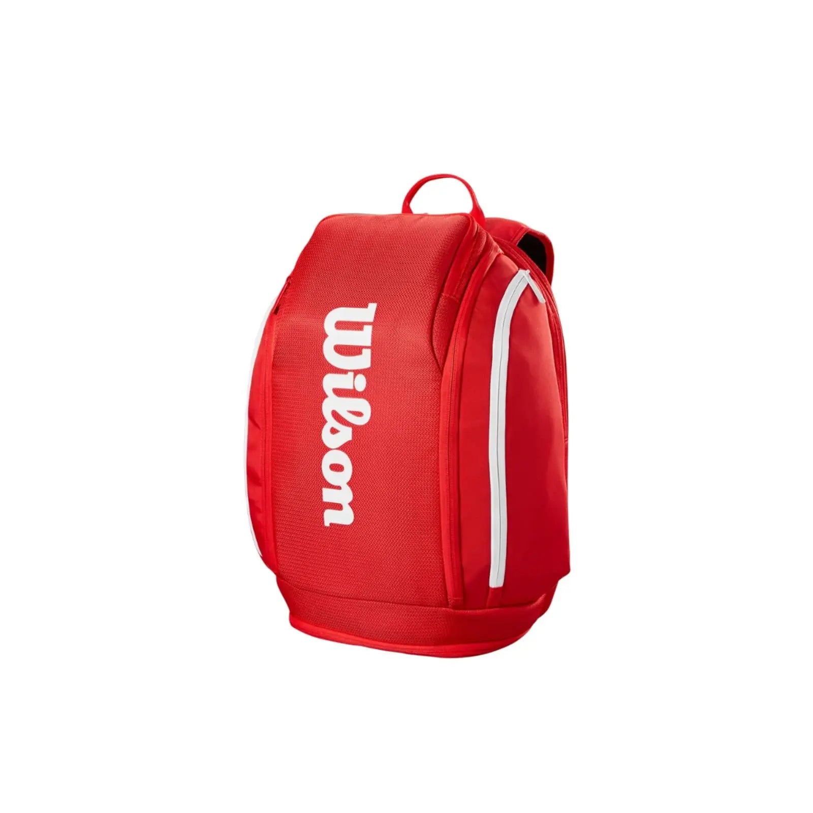 Wilson Super Tour Red Tennis Backpack with white logo and side stripes.