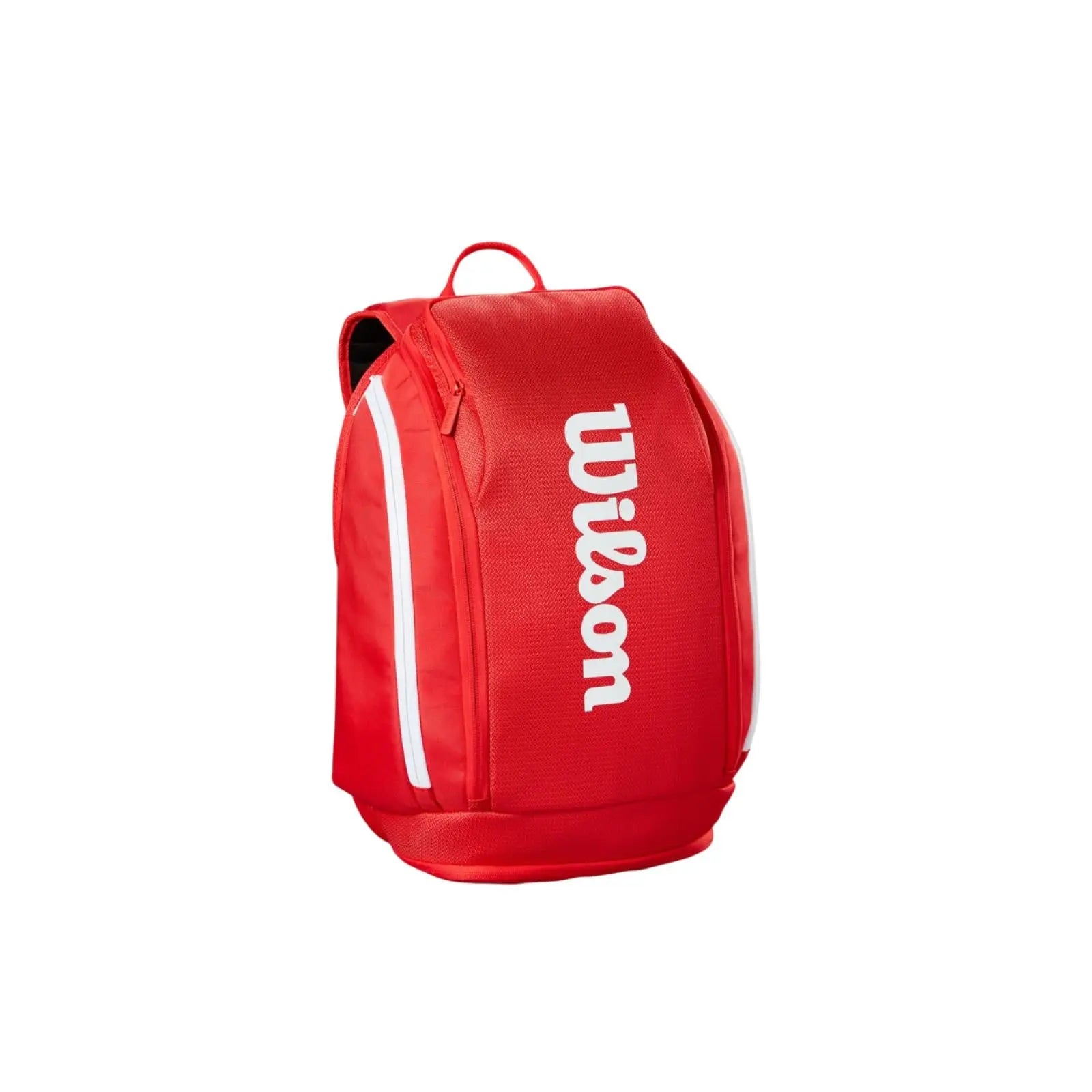 Red Wilson Super Tour tennis backpack with white logo and accents.