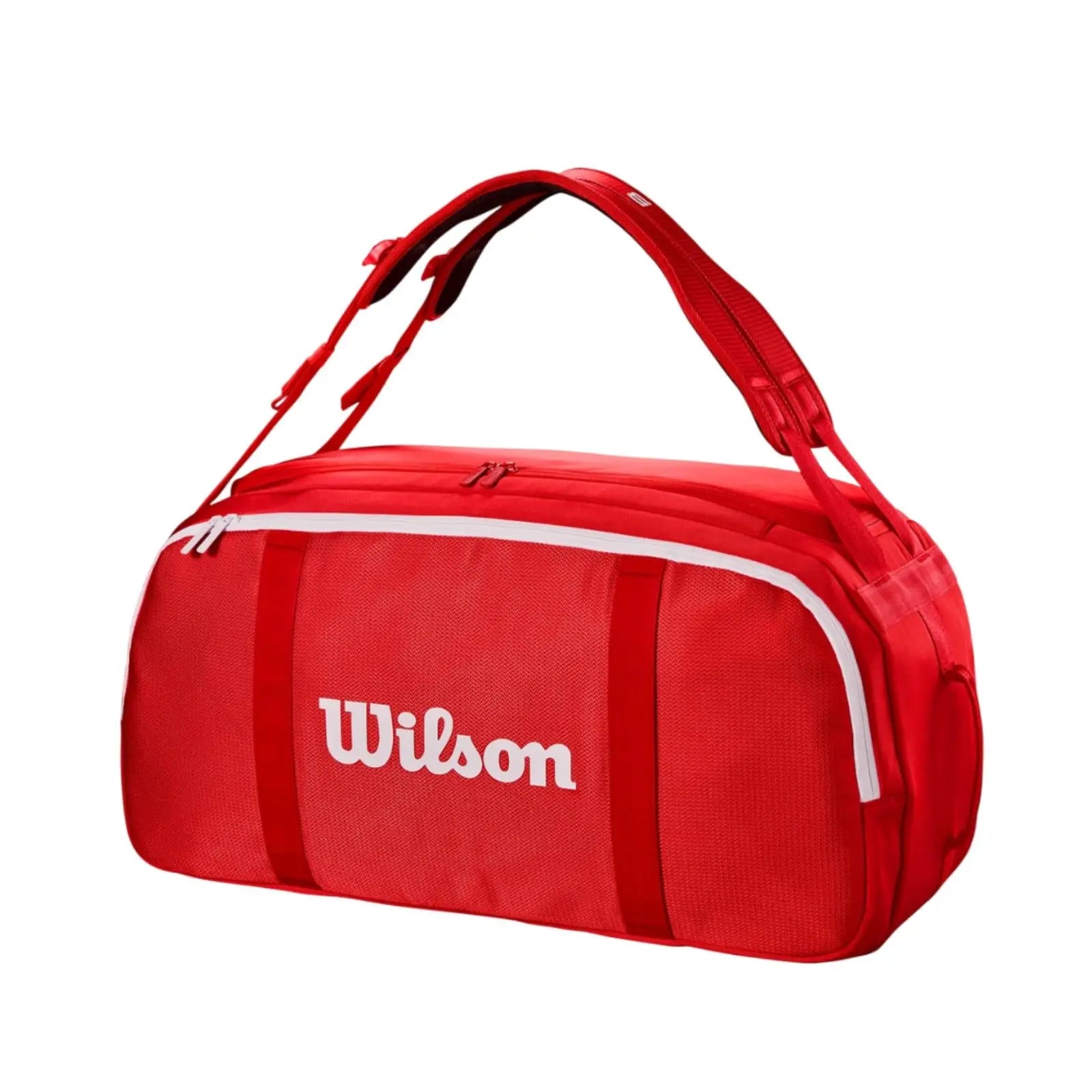 Red Wilson Super Tour Coaches Duffle bag with white zippers and logo, featuring shoulder straps.