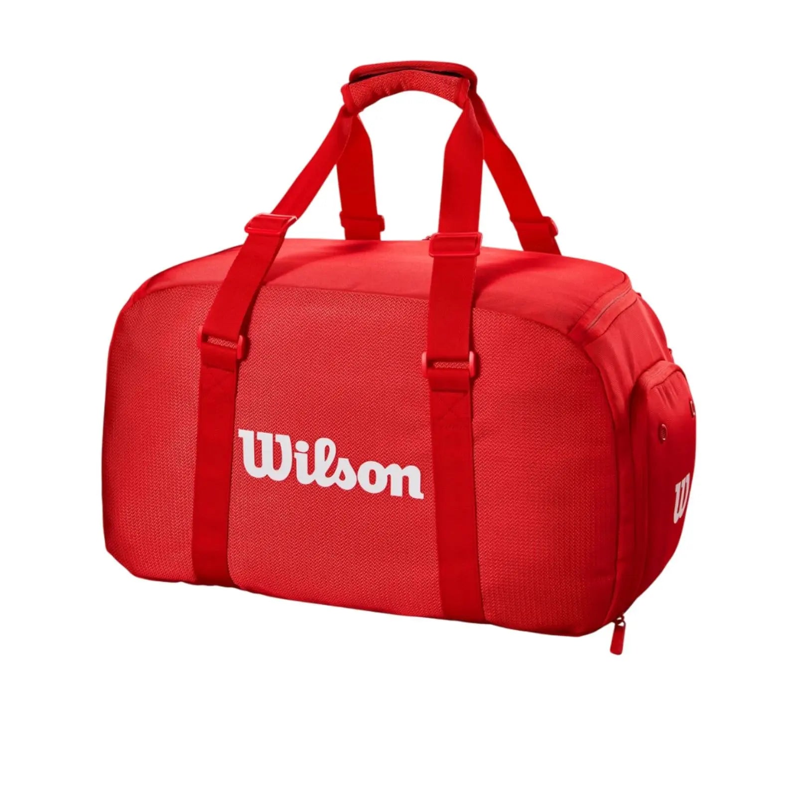 Red Wilson Super Tour small duffel tennis bag with padded handles and side pockets.