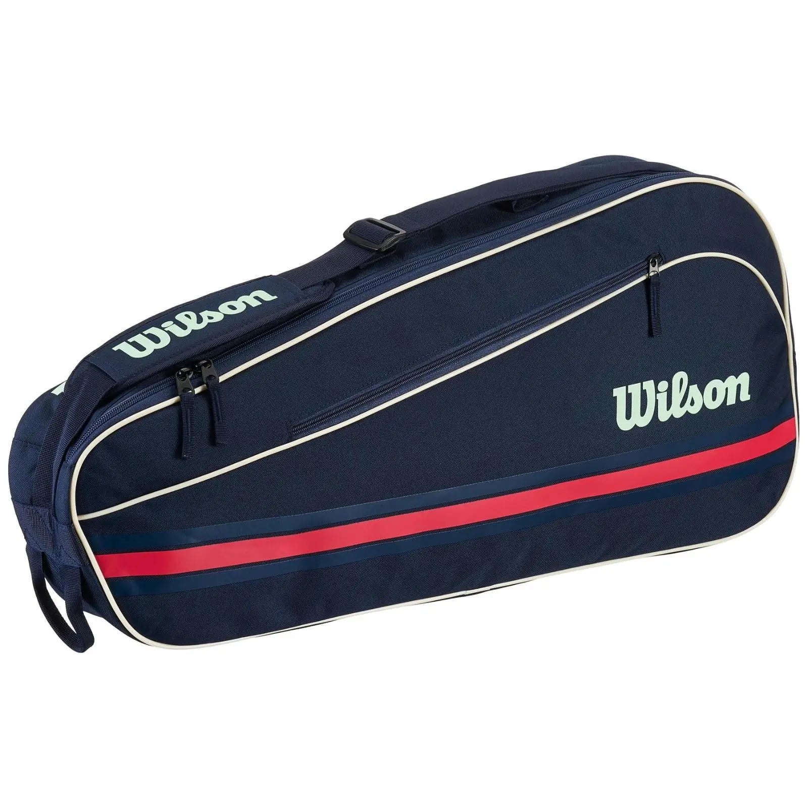 Navy Wilson Team 3 Pack tennis bag with white trim, red stripes, and white Wilson logos.