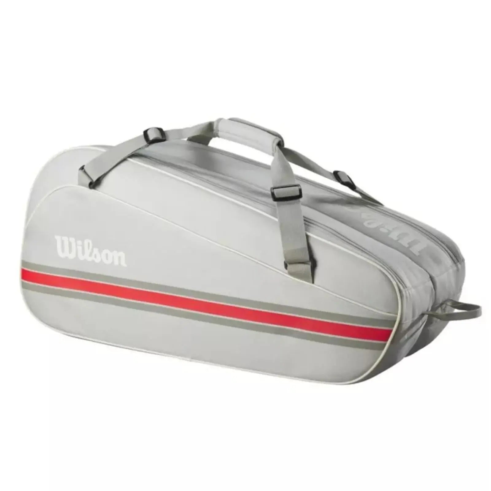 Wilson Team 6 Racquets Grey tennis bag with red and grey stripes, adjustable straps, and top handle.