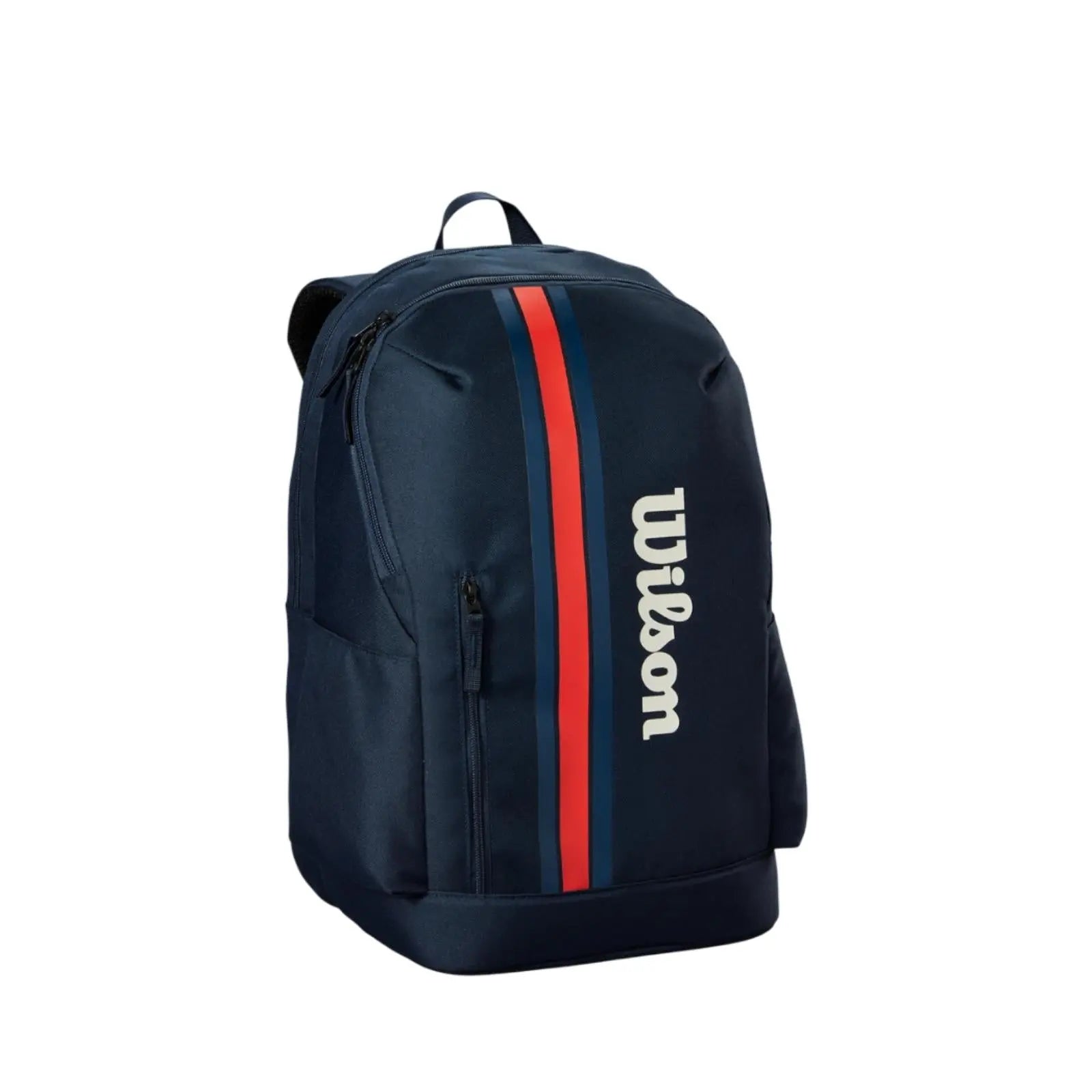 Navy Wilson tennis backpack with red and blue vertical stripes and white Wilson logo.