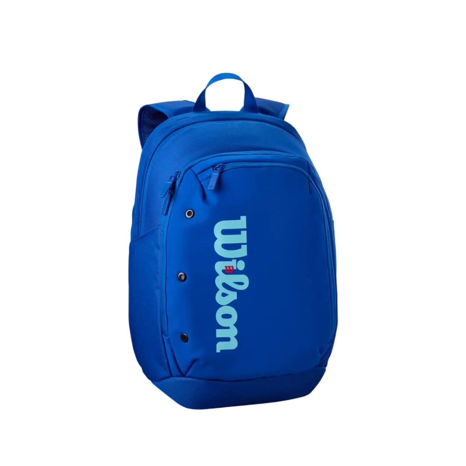 Blue Wilson Ultra v5 Tour tennis backpack with light blue logo, front zip pocket, and side vents.