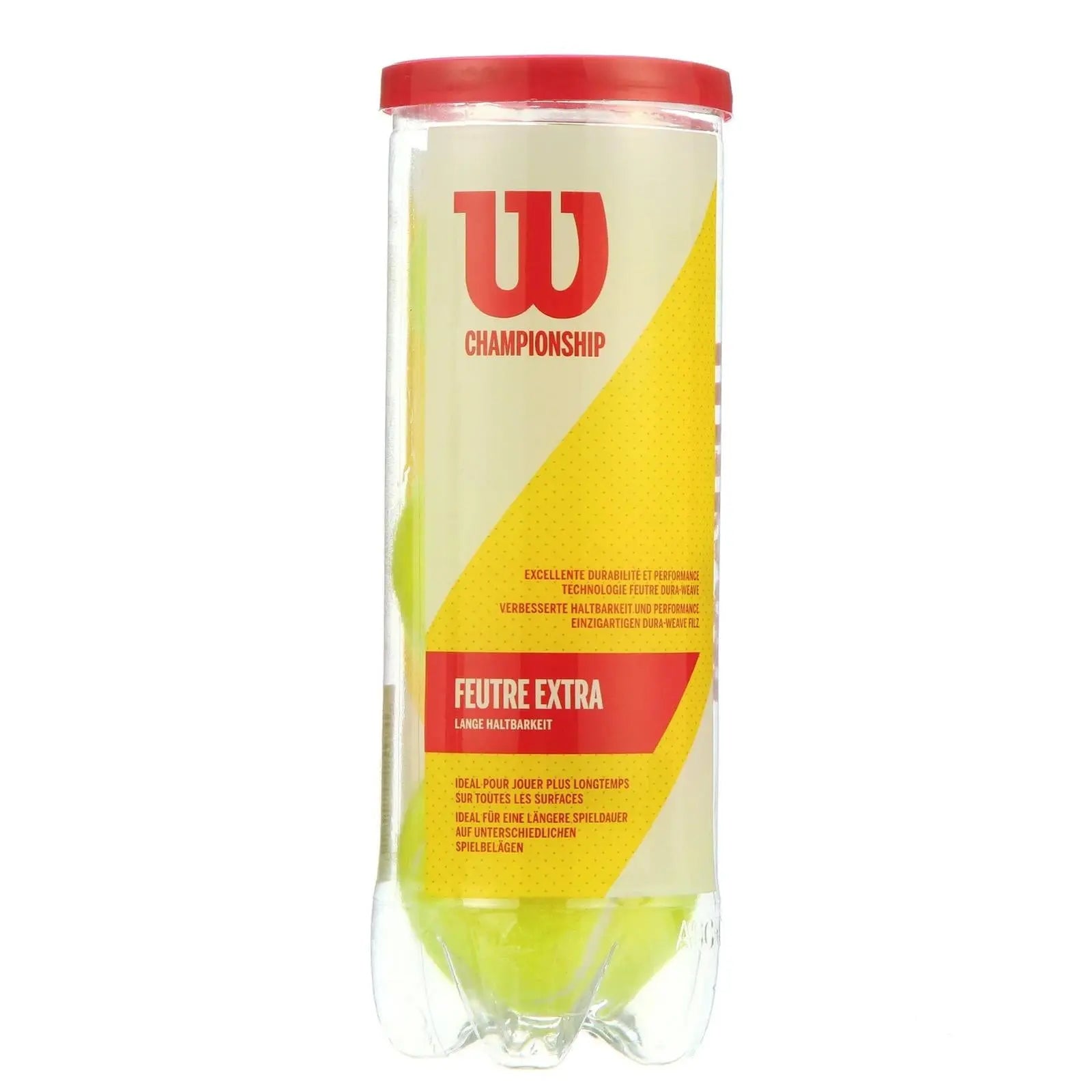 Wilson Championship Extra Duty tennis balls in a clear plastic tube with red lid and yellow label.