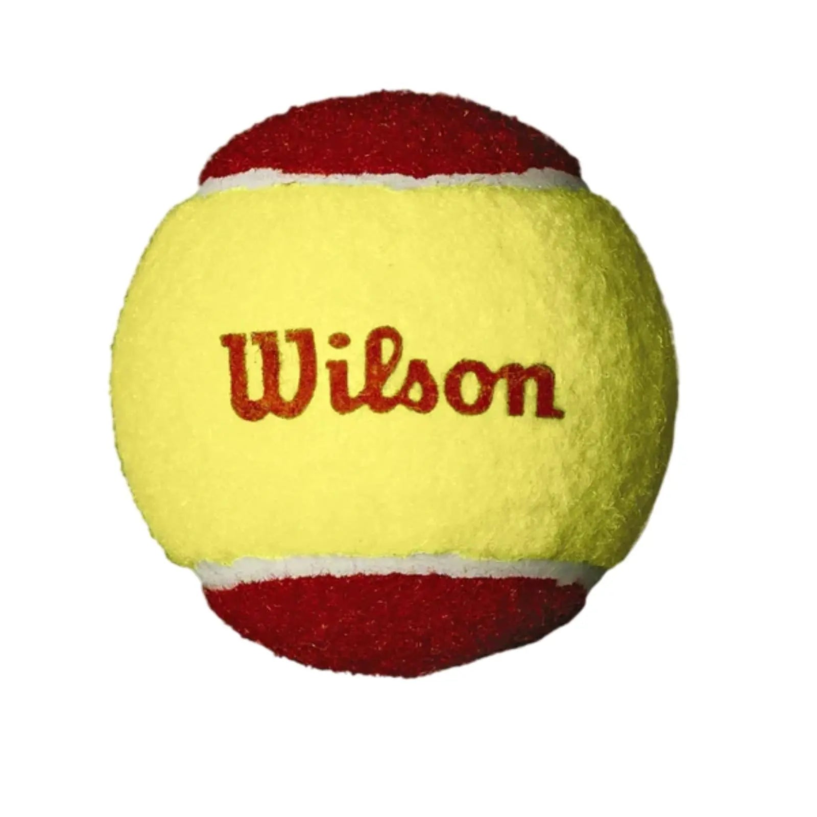 Wilson Tennis Ball Starter Red, a yellow felt ball with red stripes and "Wilson" logo.