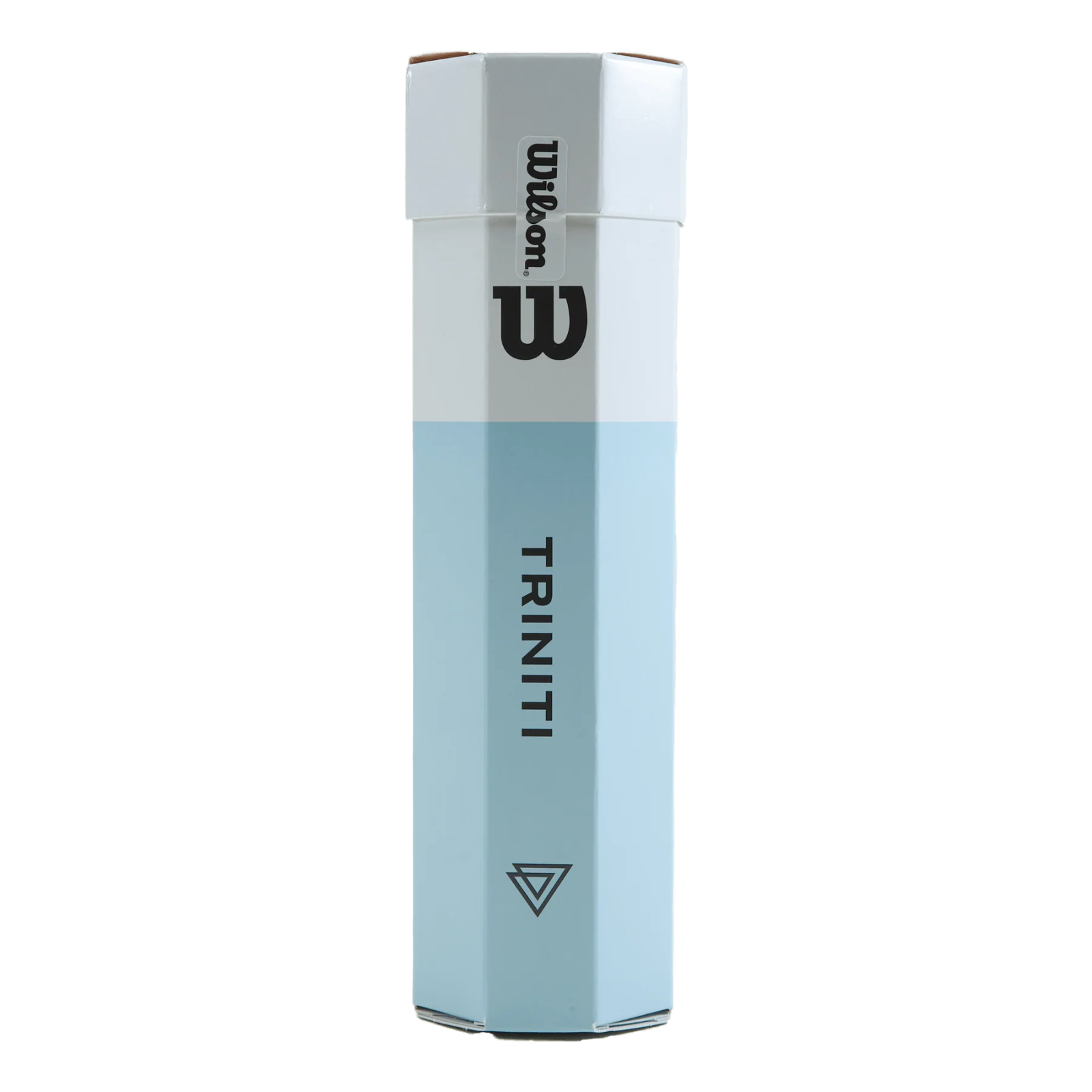 Wilson Triniti All Court 4-ball tennis ball pack, light blue and white hexagonal tube.