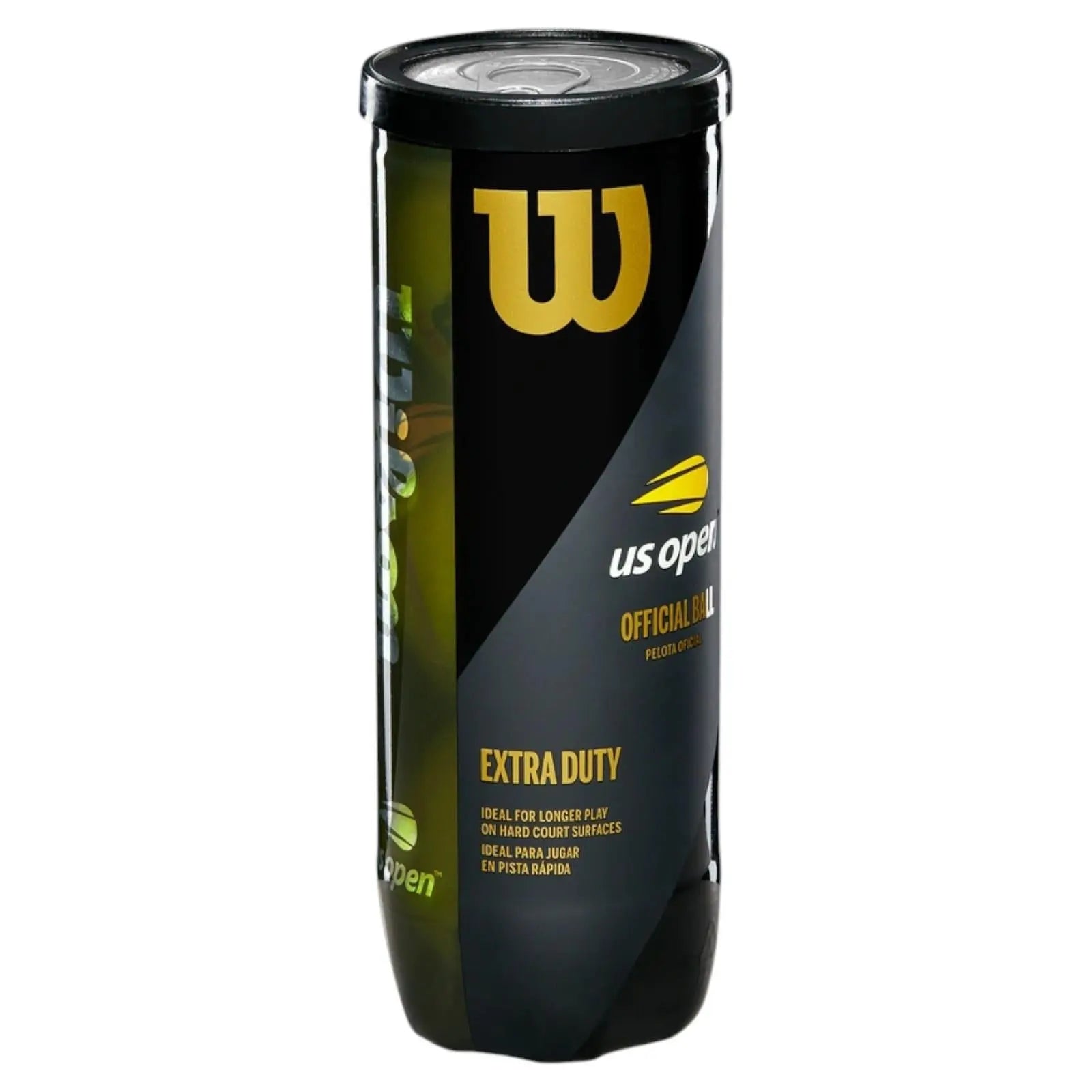 Black and gold Wilson US Open Extra Duty 3-ball can for hard courts.