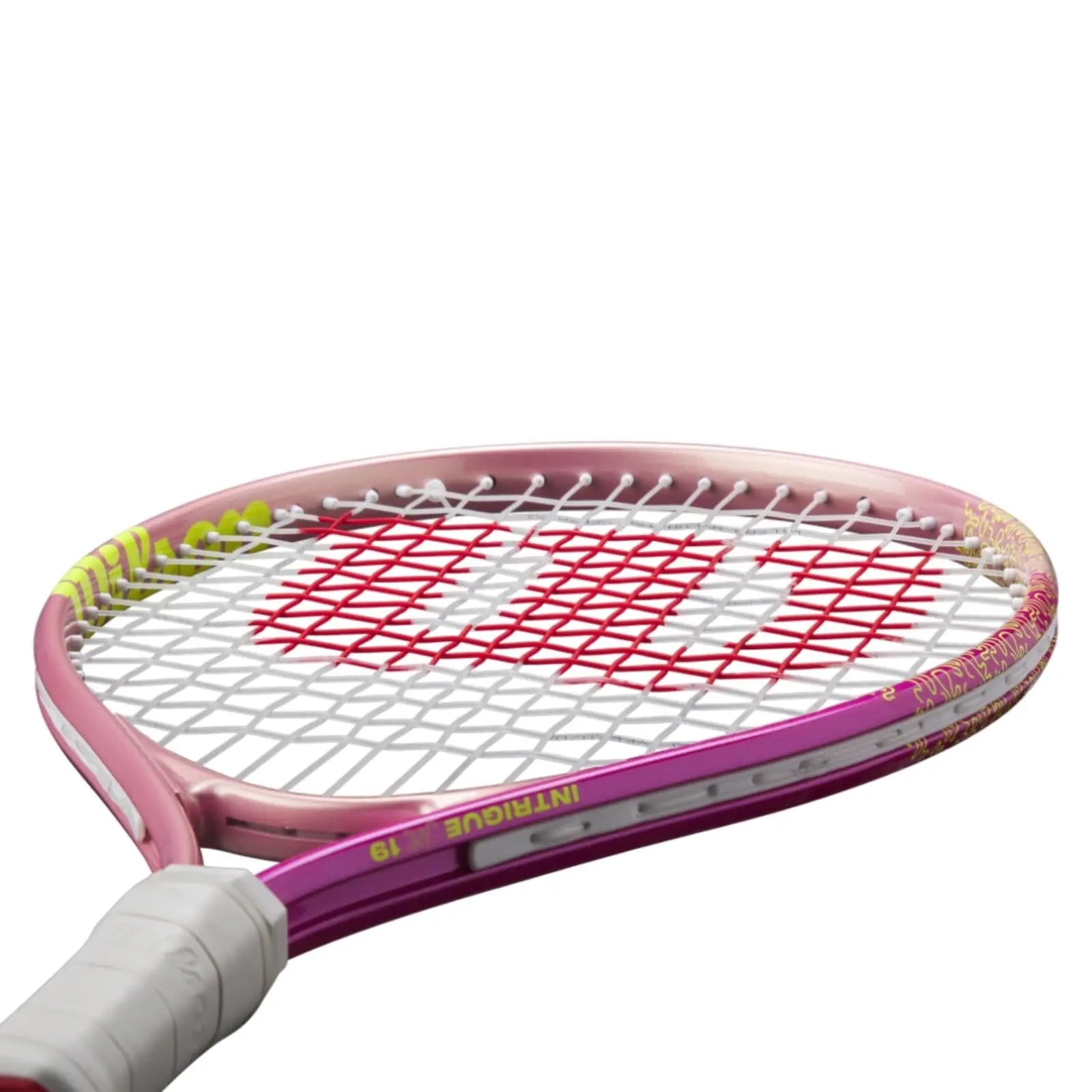 Pink Wilson Intrigue Jr 19 tennis racquet with red strings, white grip, and yellow accents.
