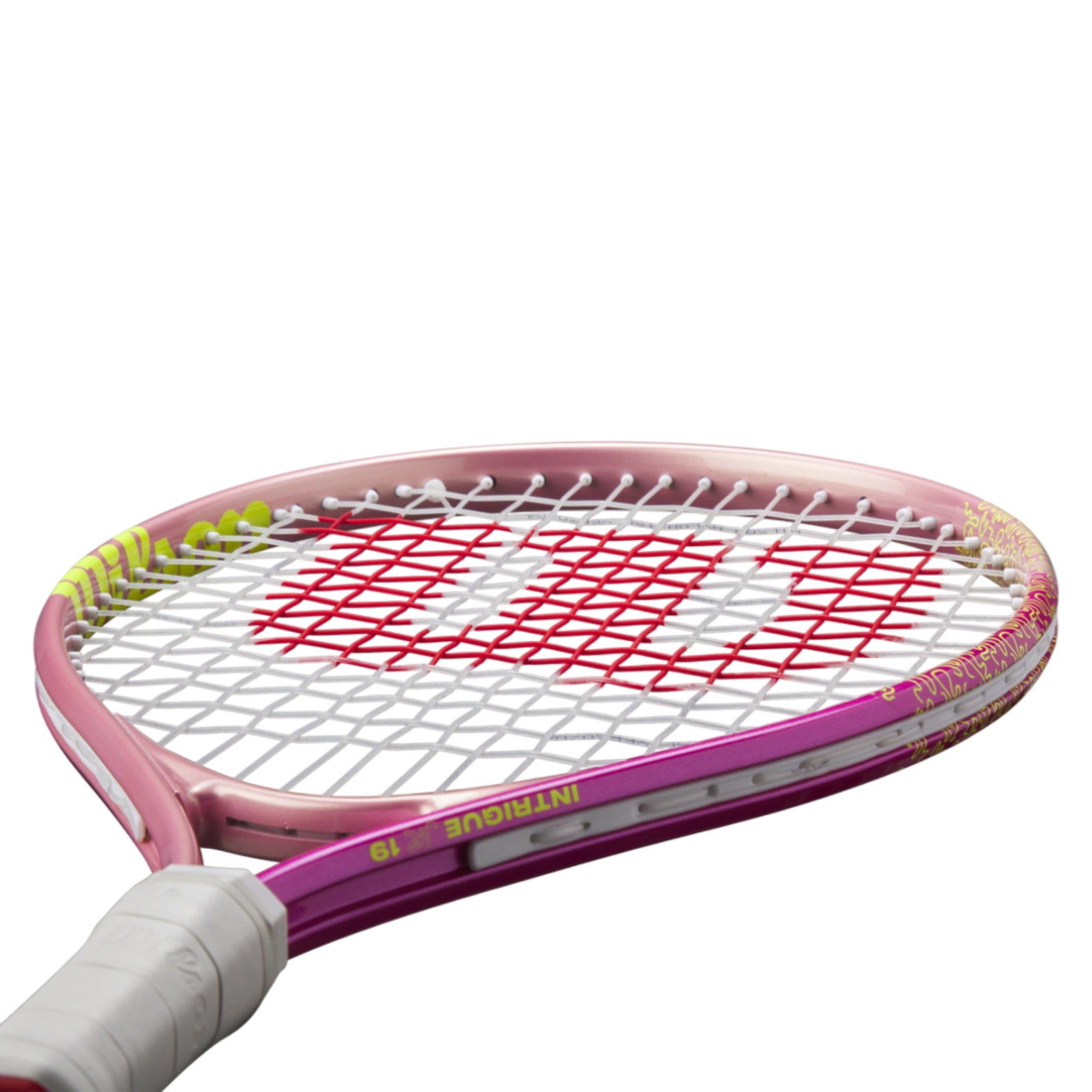 Pink Wilson Intrigue Jr 19 tennis racquet with red strings, white grip, and yellow accents.