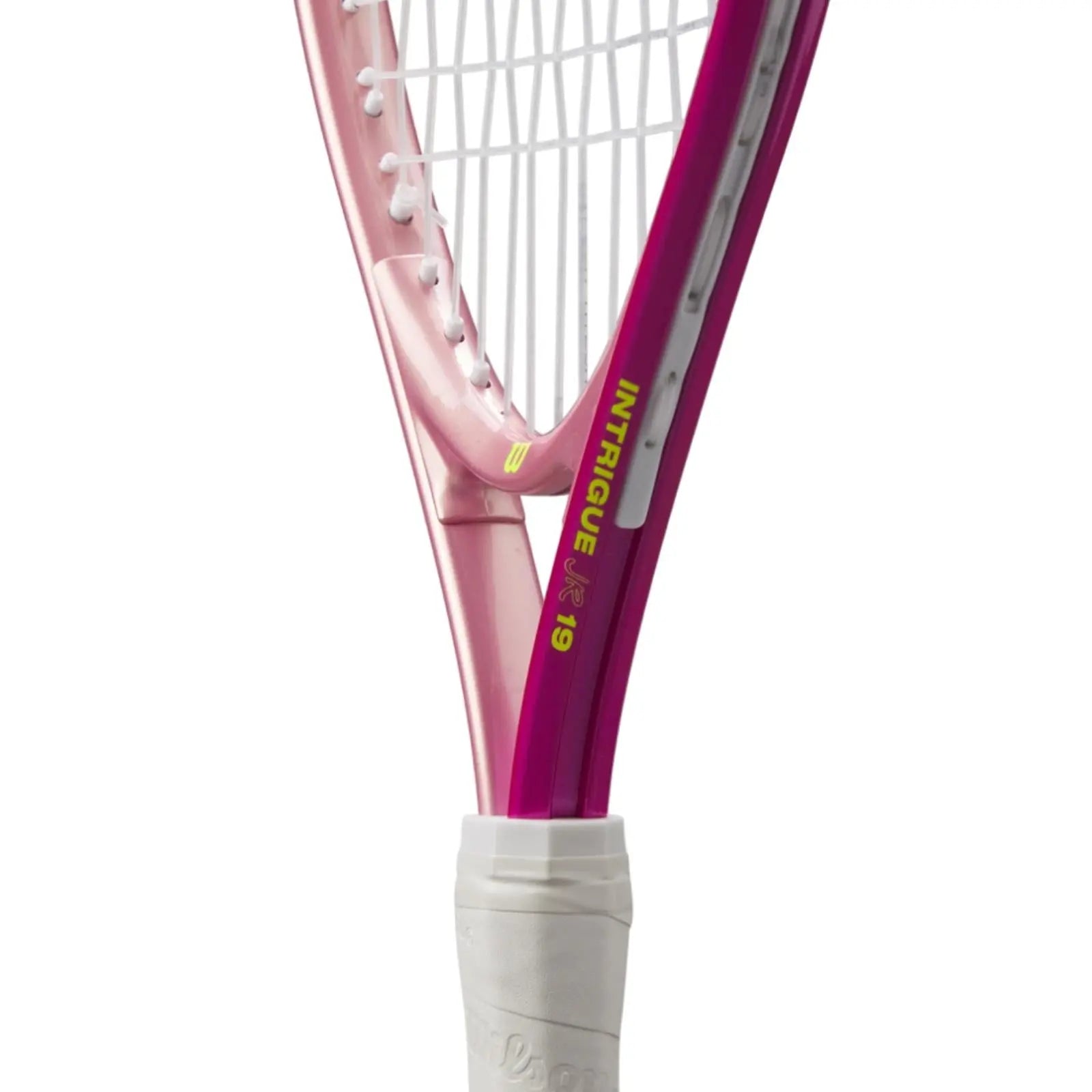 Wilson Intrigue Jr 19 tennis racquet, pink and magenta with white strings and grip.