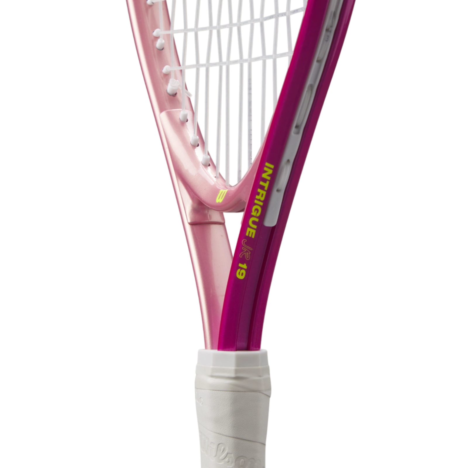 Wilson Intrigue Jr 19 tennis racquet, pink and magenta with white strings and grip.