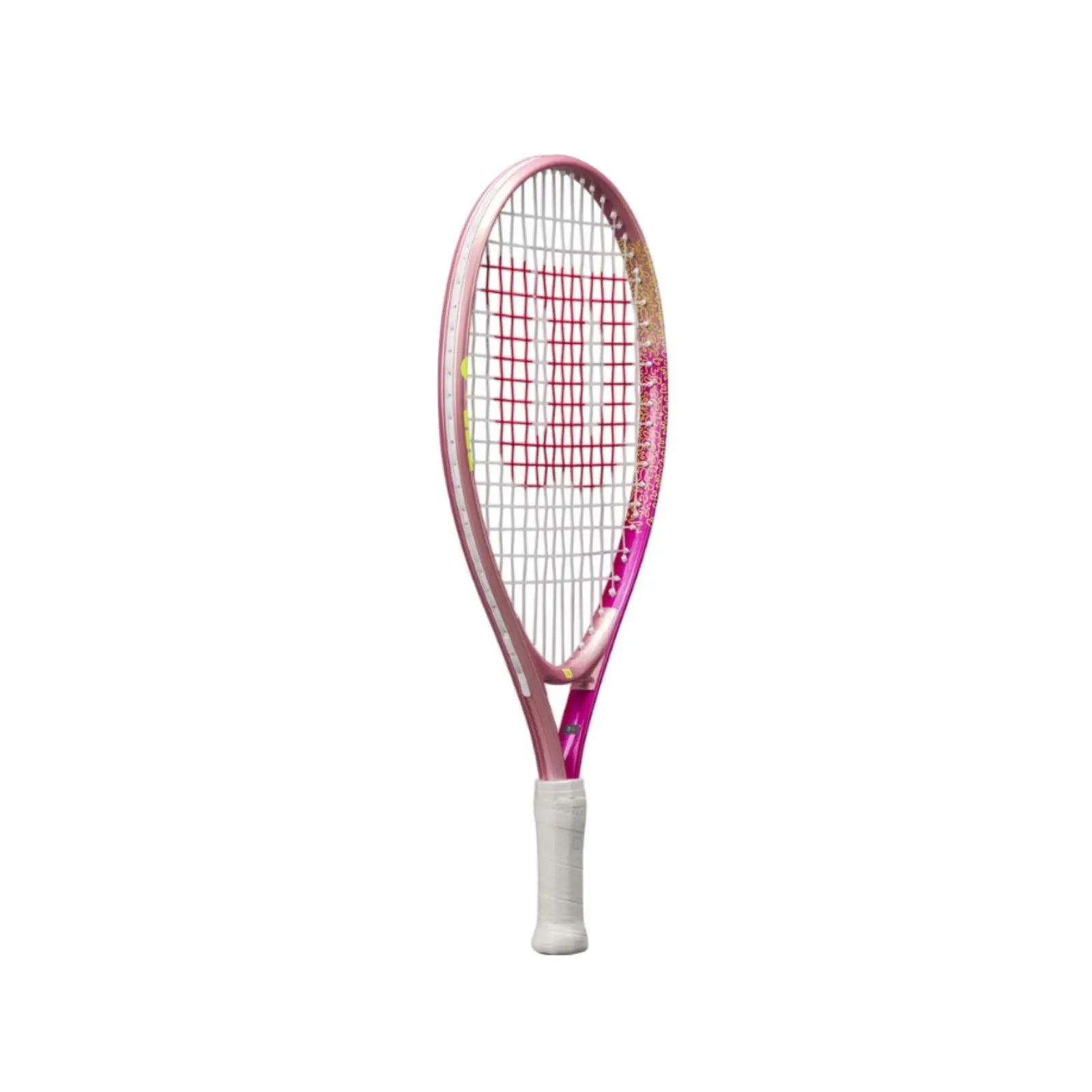 Pink Wilson Intrigue Jr 19 tennis racquet with white grip and red strings, ideal for young girls.