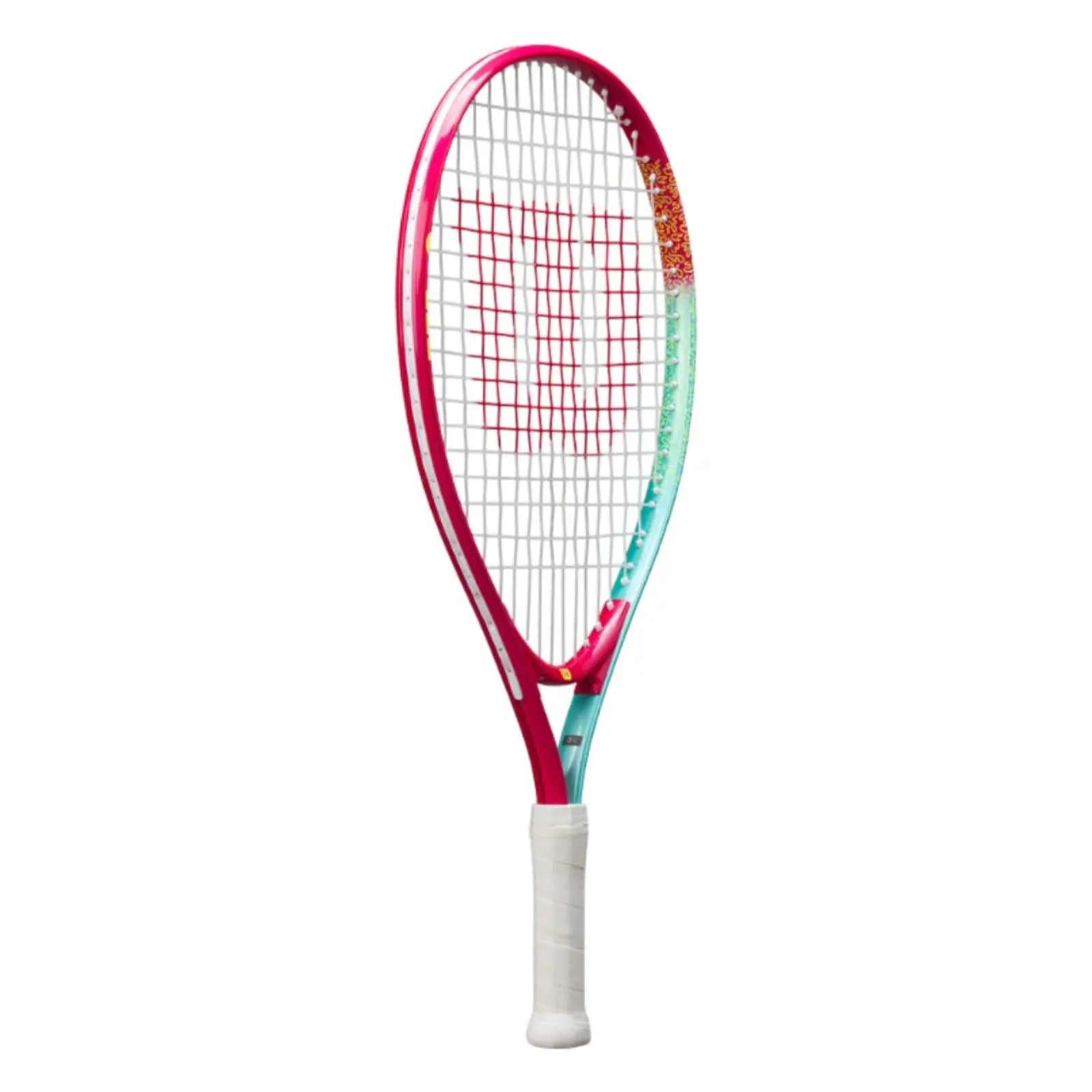 Wilson Intrigue Jr 21 tennis racquet, pink and teal with white strings and grip.