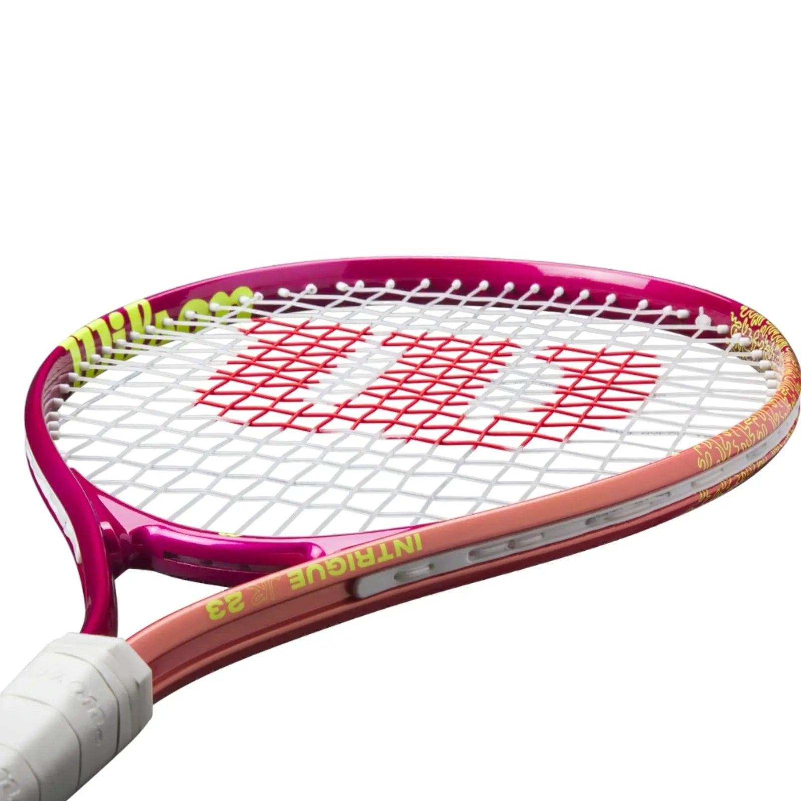 Wilson Intrigue Jr 23 tennis racquet, pink and orange frame with white strings and red "W" logo.