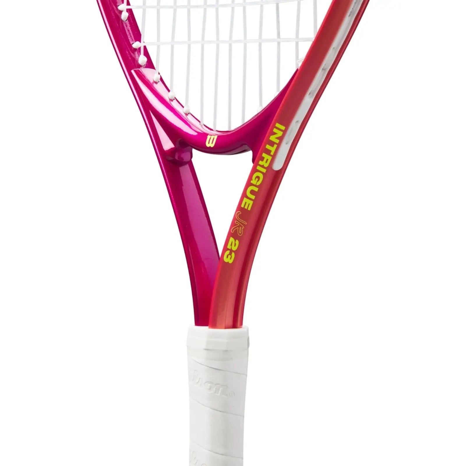 Wilson Intrigue Jr 23 tennis racquet with pink and red frame, white strings, and grip.