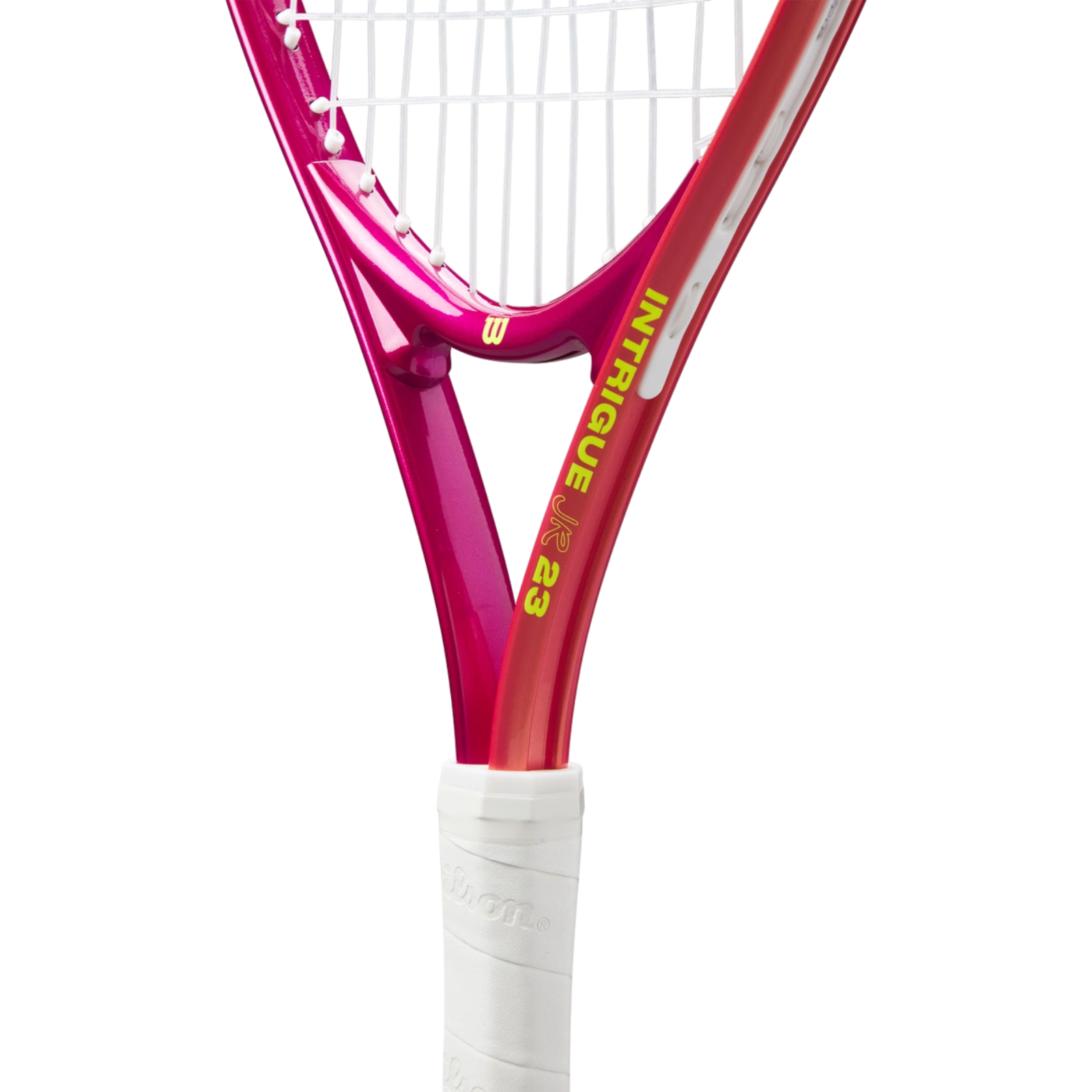 Wilson Intrigue Jr 23 tennis racquet with pink and red frame, white strings, and grip.