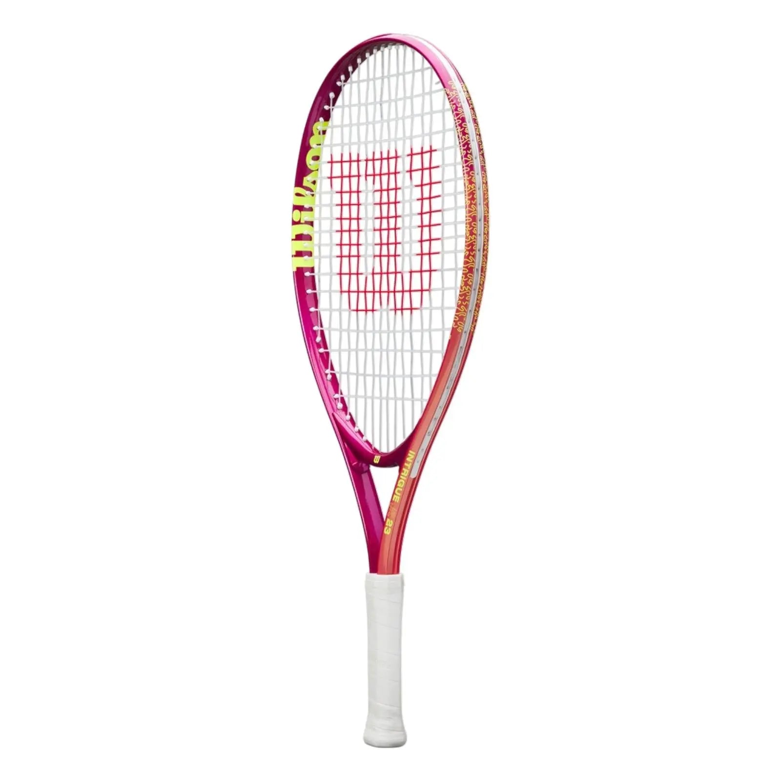 Wilson Intrigue Jr 23 tennis racquet, pink and orange with white grip, for junior girls.