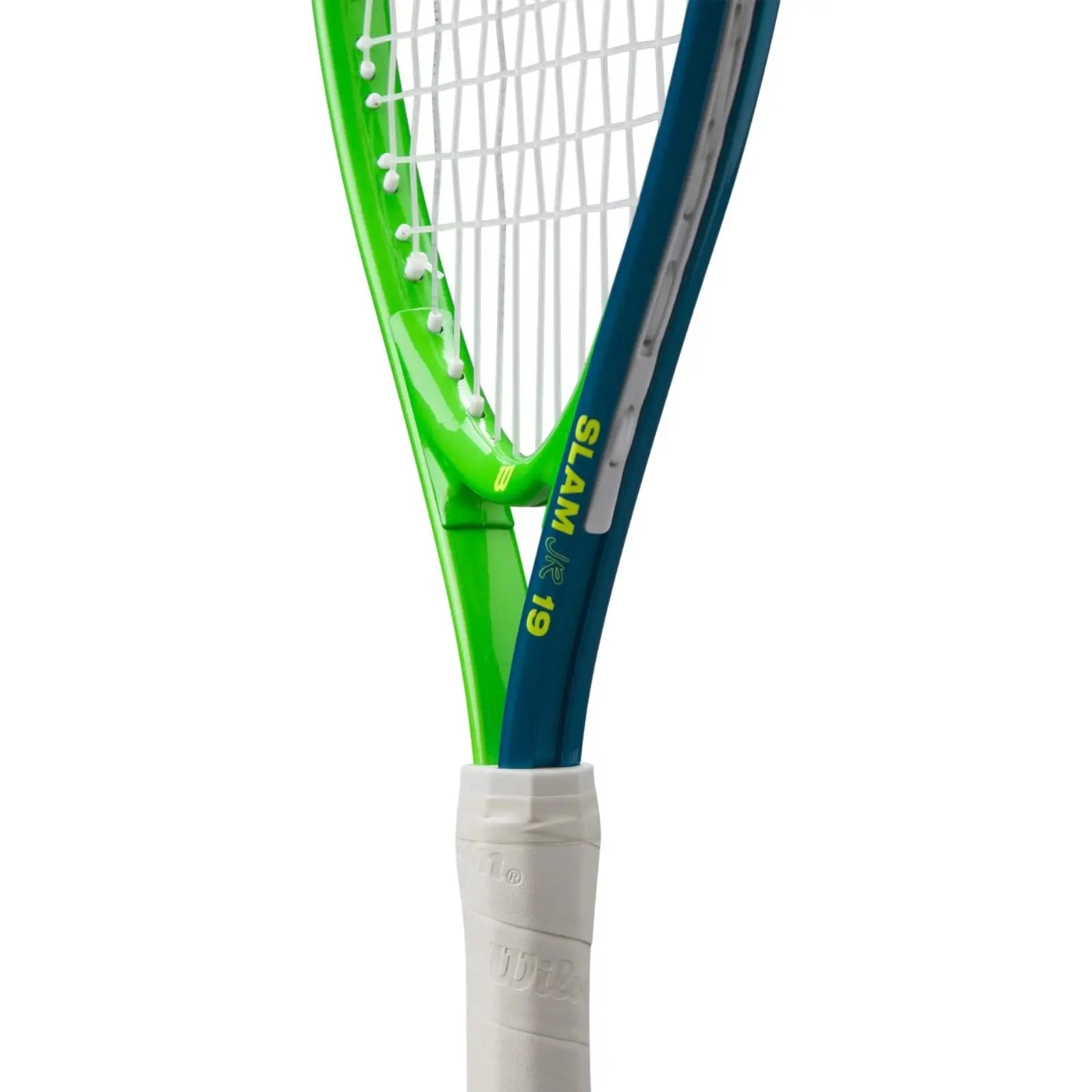 Wilson Slam Jr 19 tennis racquet with vibrant green and blue frame, white strings, and white grip.
