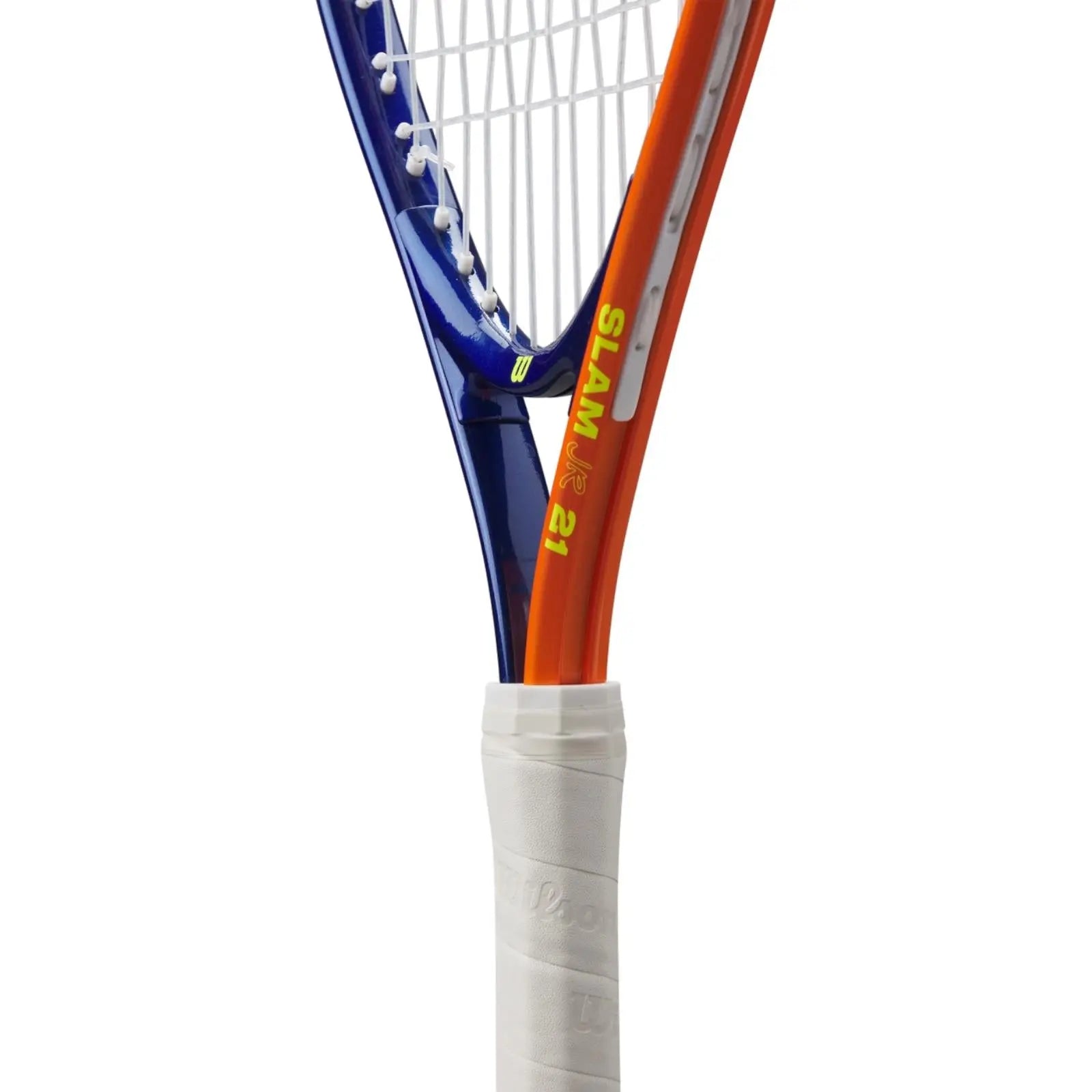 Wilson Slam Jr 21 tennis racquet with blue and orange frame, white strings, and white grip.