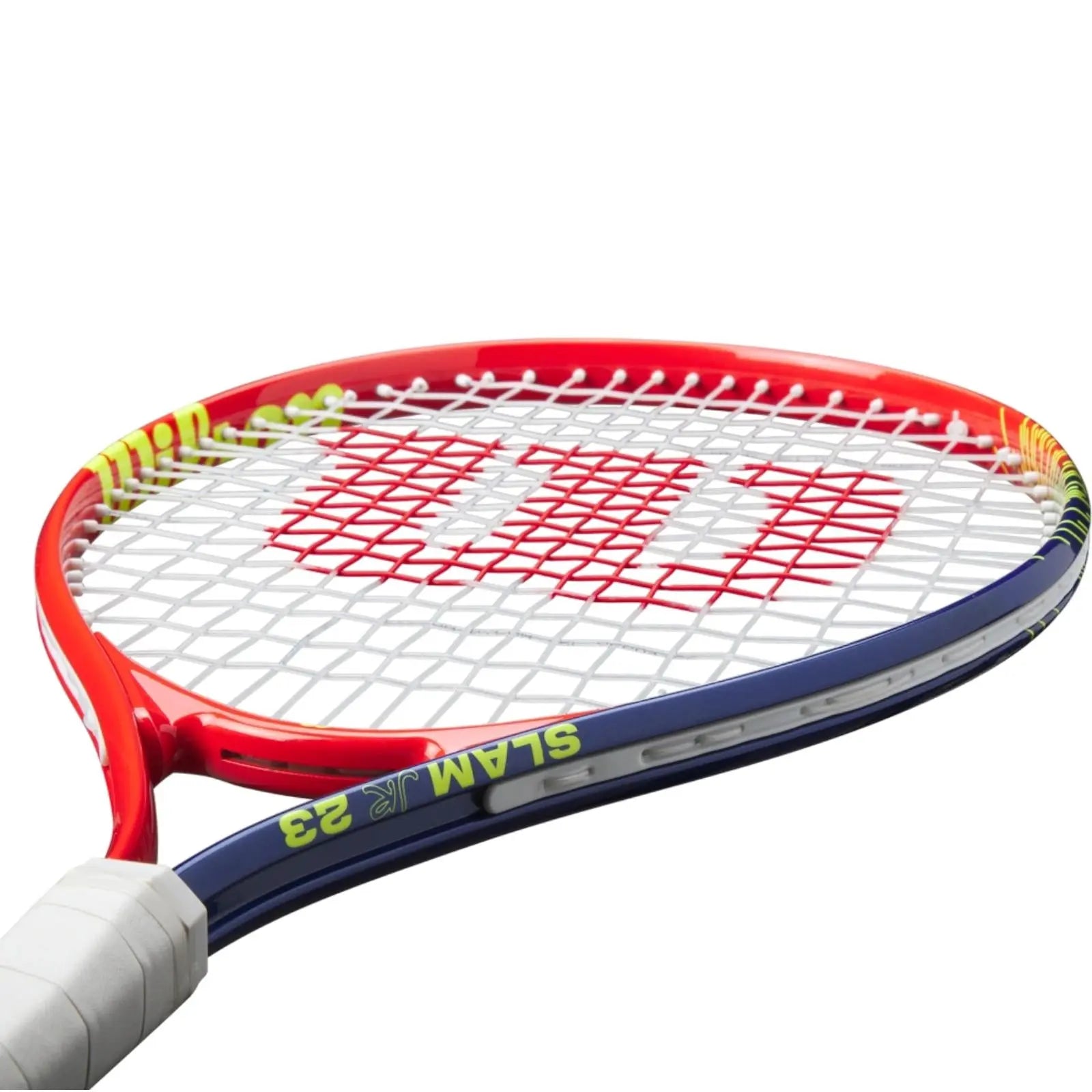 Wilson Slam Jr 23 tennis racquet with vibrant red, blue, and yellow frame, white grip, and red strings.