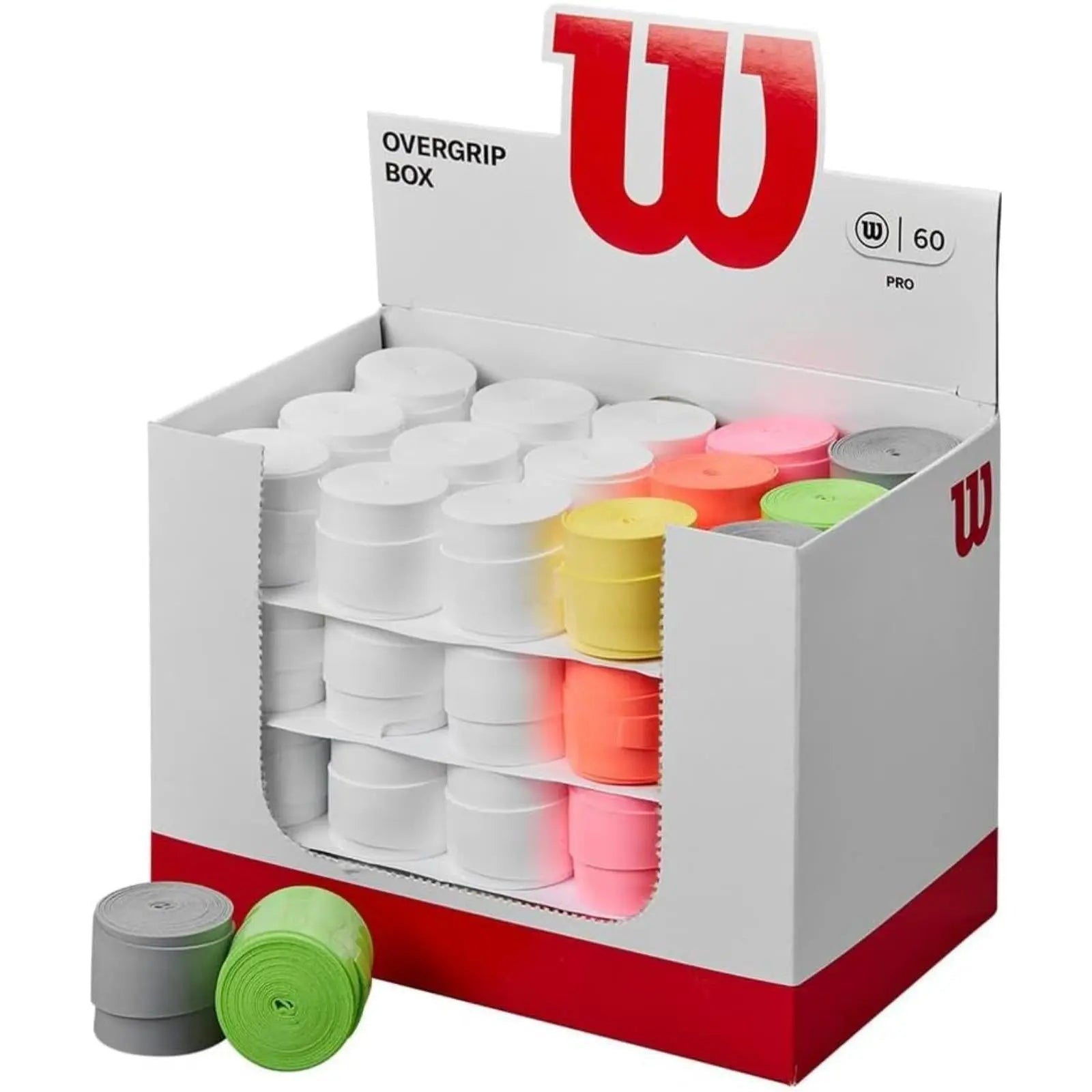 Wilson Tennis PRO Overgrip Box with 60 multi-colored overgrips, including white, pink, yellow, orange, green, and grey.