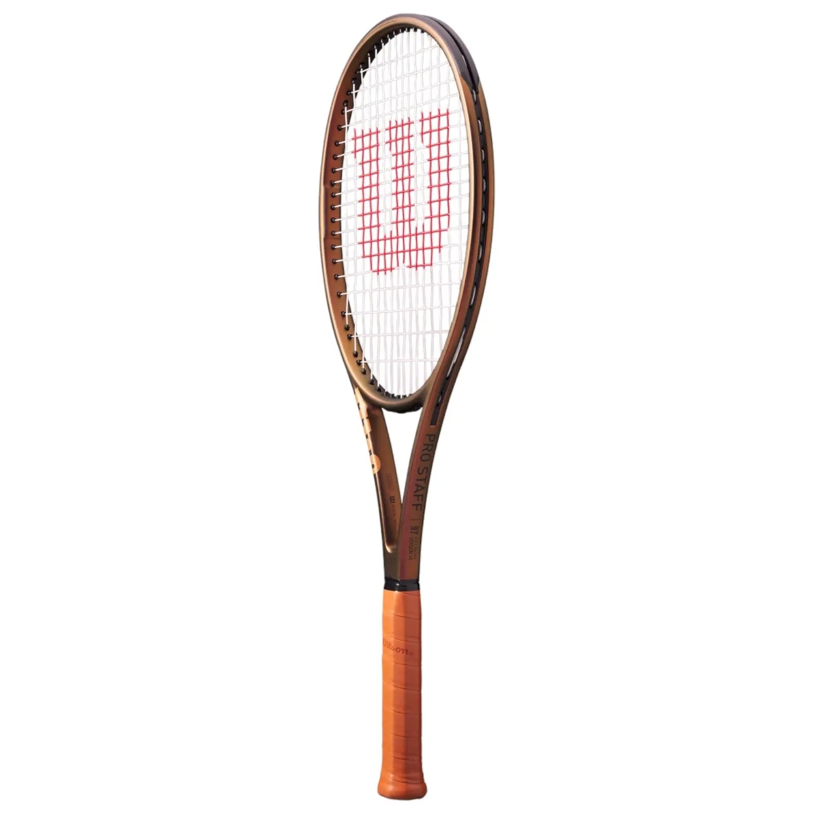Wilson Pro Staff 97 v14 tennis racquet with a brown frame, white strings, and orange grip.