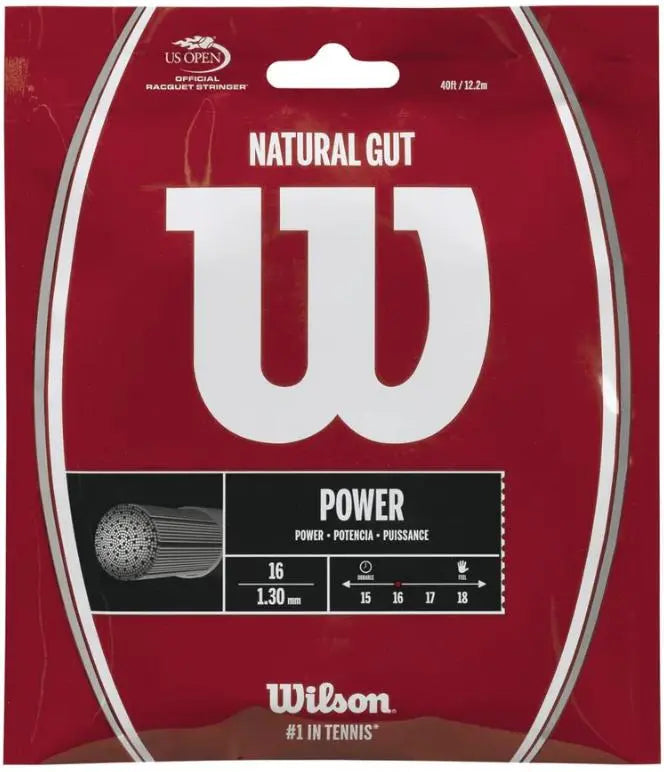 Red Wilson Natural Gut 16 tennis string package with white logo and "POWER" text.