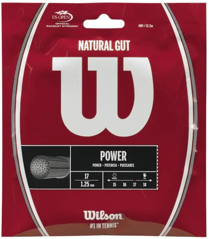 Wilson Natural Gut 17 tennis string set, red packaging with white logo and "POWER" graphic.