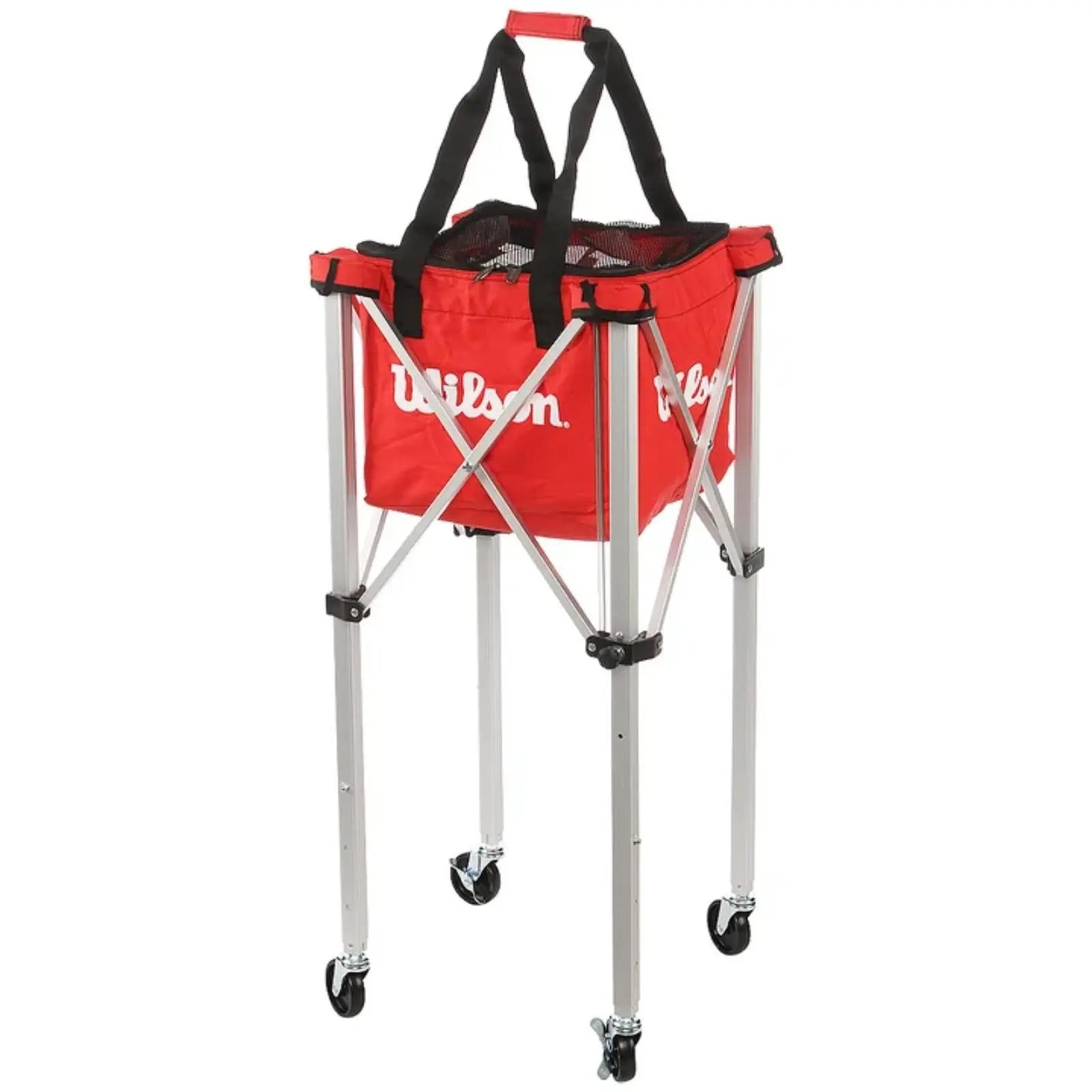 Red Wilson tennis ball teaching cart with a soft carrying case, retractable silver frame, and black wheels.
