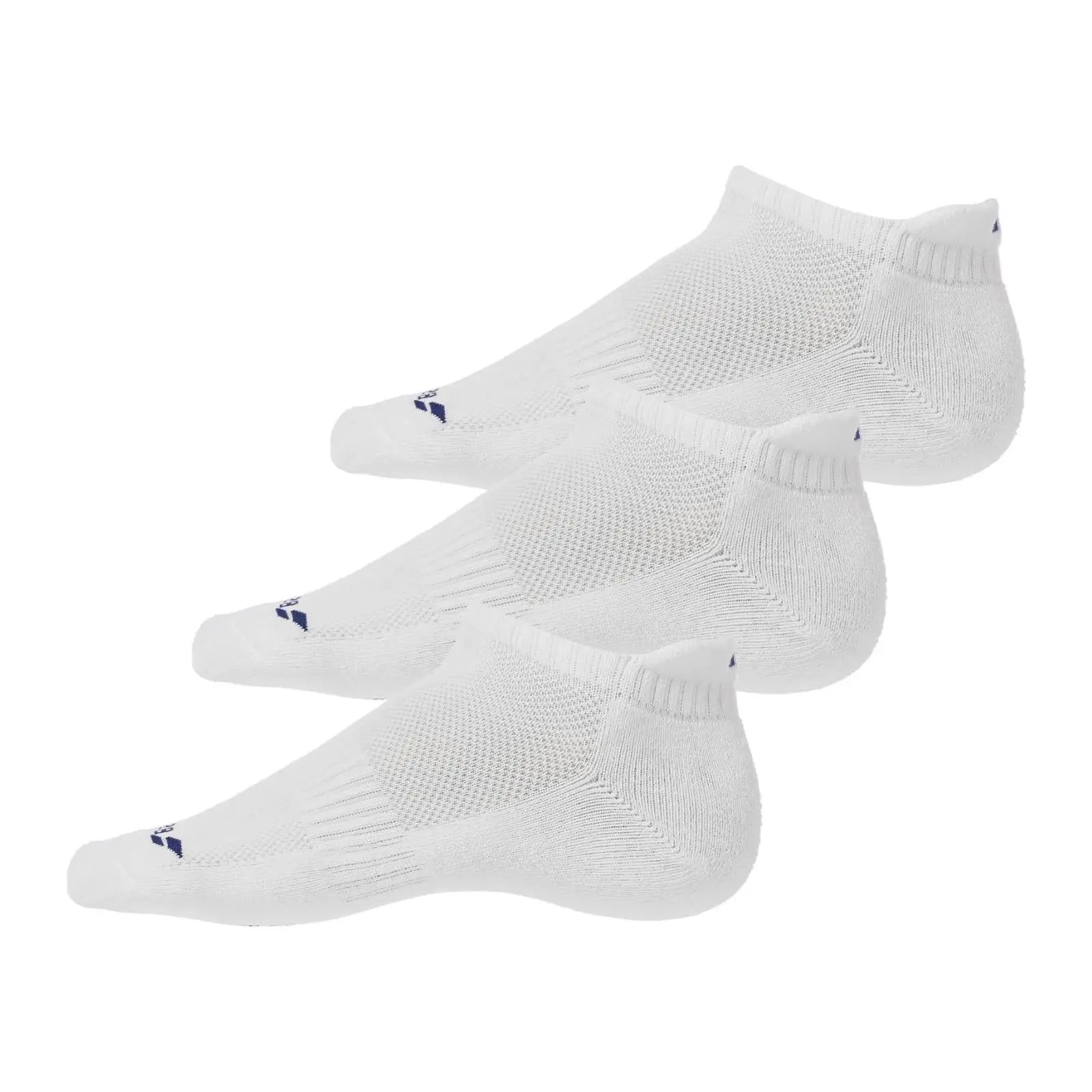Three white Babolat invisible socks with blue logos, showing ventilated zones and elastic bands.